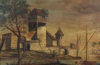 Artist Unknown, (Continental, 18th/19th century), Two pairs of paintings: Harbor, Landscape with Ruins, House on Island with Footbridge