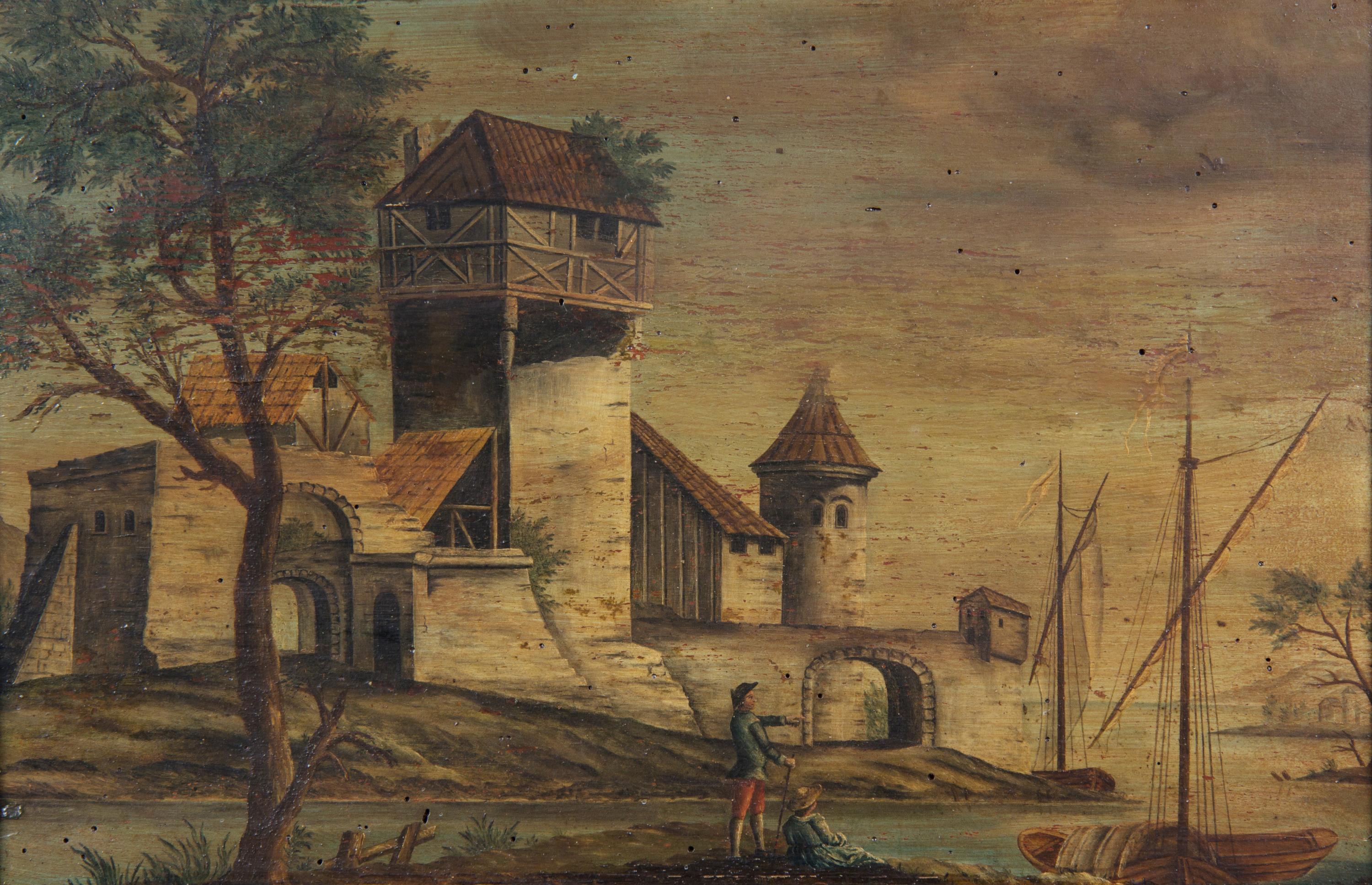 Artist Unknown, (Continental, 18th/19th century), Two pairs of paintings: Harbor, Landscape with Ruins, House on Island with Footbridge