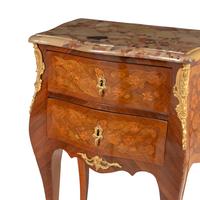 A Pair of Louis XV Style Gilt Bronze Mounted Satinwood, Marquetry and Breche d’Alep Marble-Top Side Tables