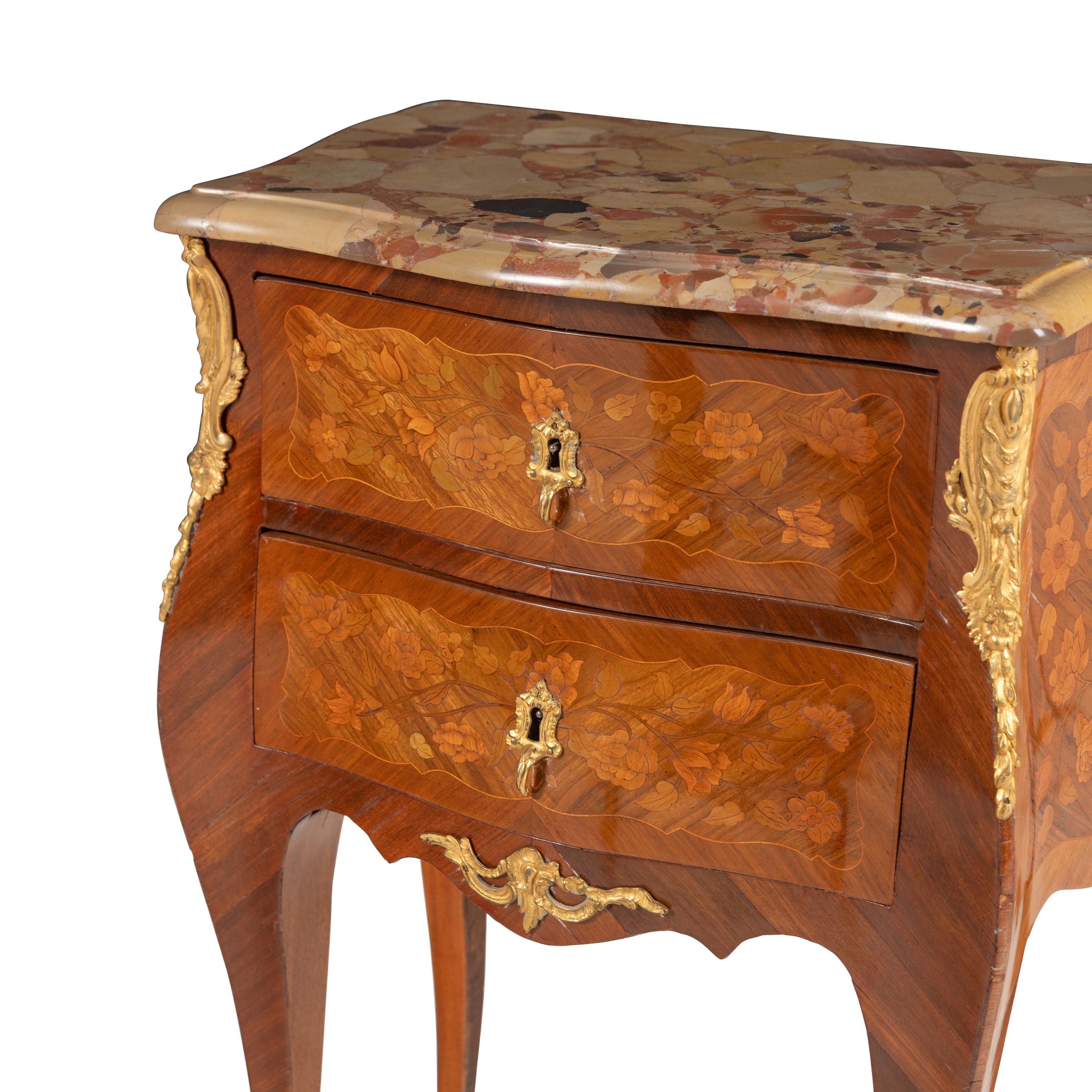 A Pair of Louis XV Style Gilt Bronze Mounted Satinwood, Marquetry and Breche d’Alep Marble-Top Side Tables