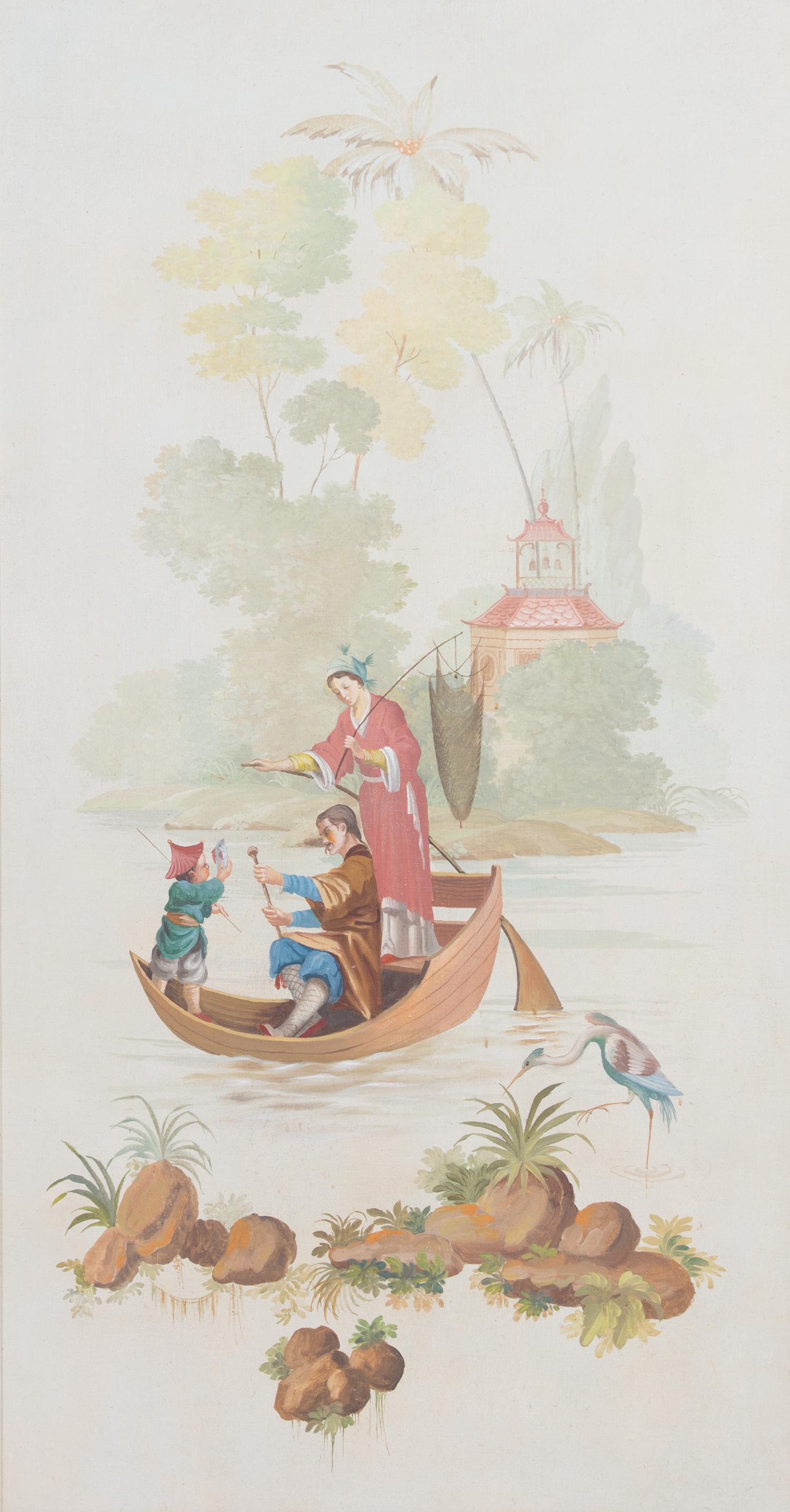 A Pair of Chinoiserie Decorative Oil on Canvas Panels Height 68 x width 38 1/2 inches. — 20TH CENTURY