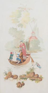 A Pair of Chinoiserie Decorative Oil on Canvas Panels Height 68 x width 38 1/2 inches. — 20TH CENTURY