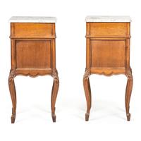 A Pair of Louis XV Provincial Style Carved Oak Marble Top Side Cabinets