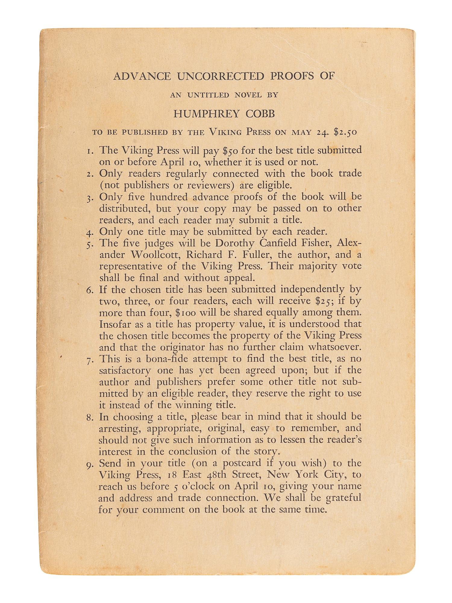 COBB, Humphrey (1899-1944). [ Paths of Glory ]. "Advance Copy of A Novel (As Yet Untitled)." New York: The Viking Press, 1935.