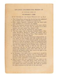 COBB, Humphrey (1899-1944). [ Paths of Glory ]. "Advance Copy of A Novel (As Yet Untitled)." New York: The Viking Press, 1935.