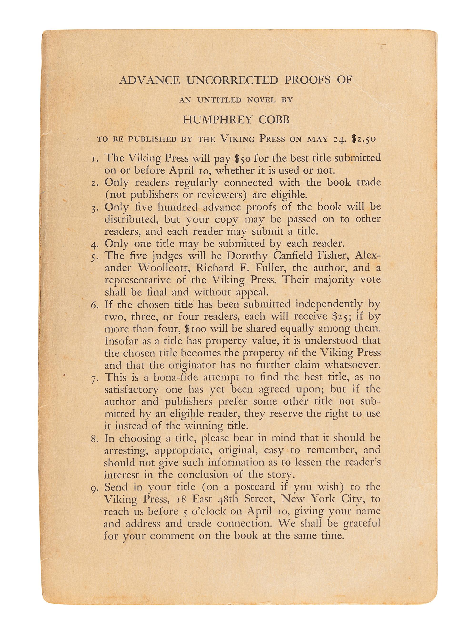 COBB, Humphrey (1899-1944). [ Paths of Glory ]. "Advance Copy of A Novel (As Yet Untitled)." New York: The Viking Press, 1935.