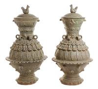 A Pair of Chinese Celadon Glazed Porcelain Jars Height 22 inches. — 20TH CENTURY