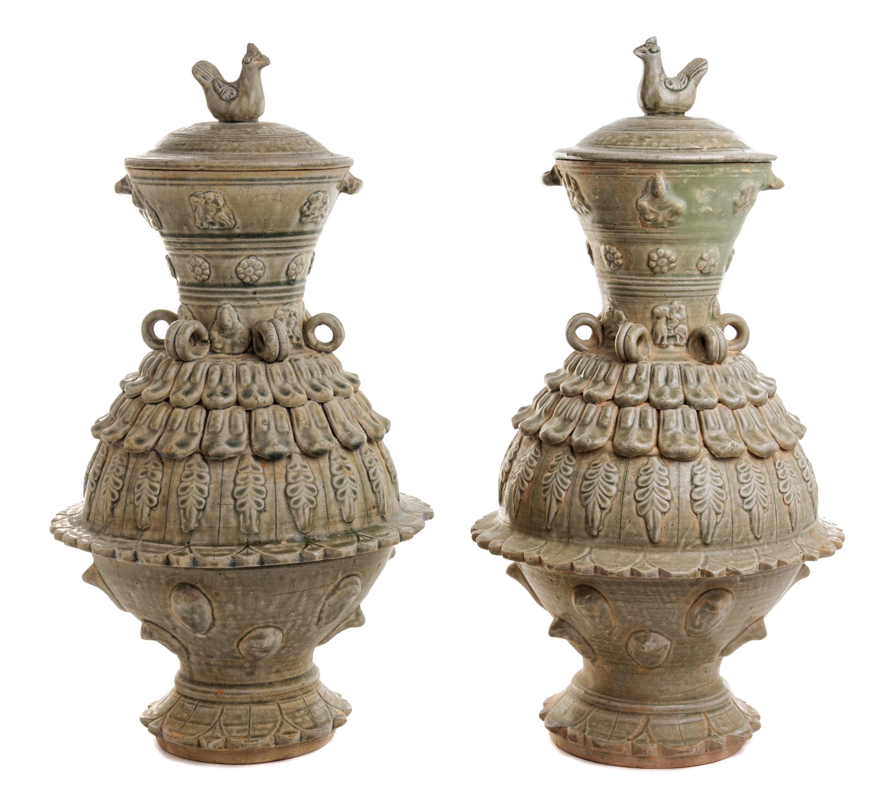 A Pair of Chinese Celadon Glazed Porcelain Jars Height 22 inches. — 20TH CENTURY