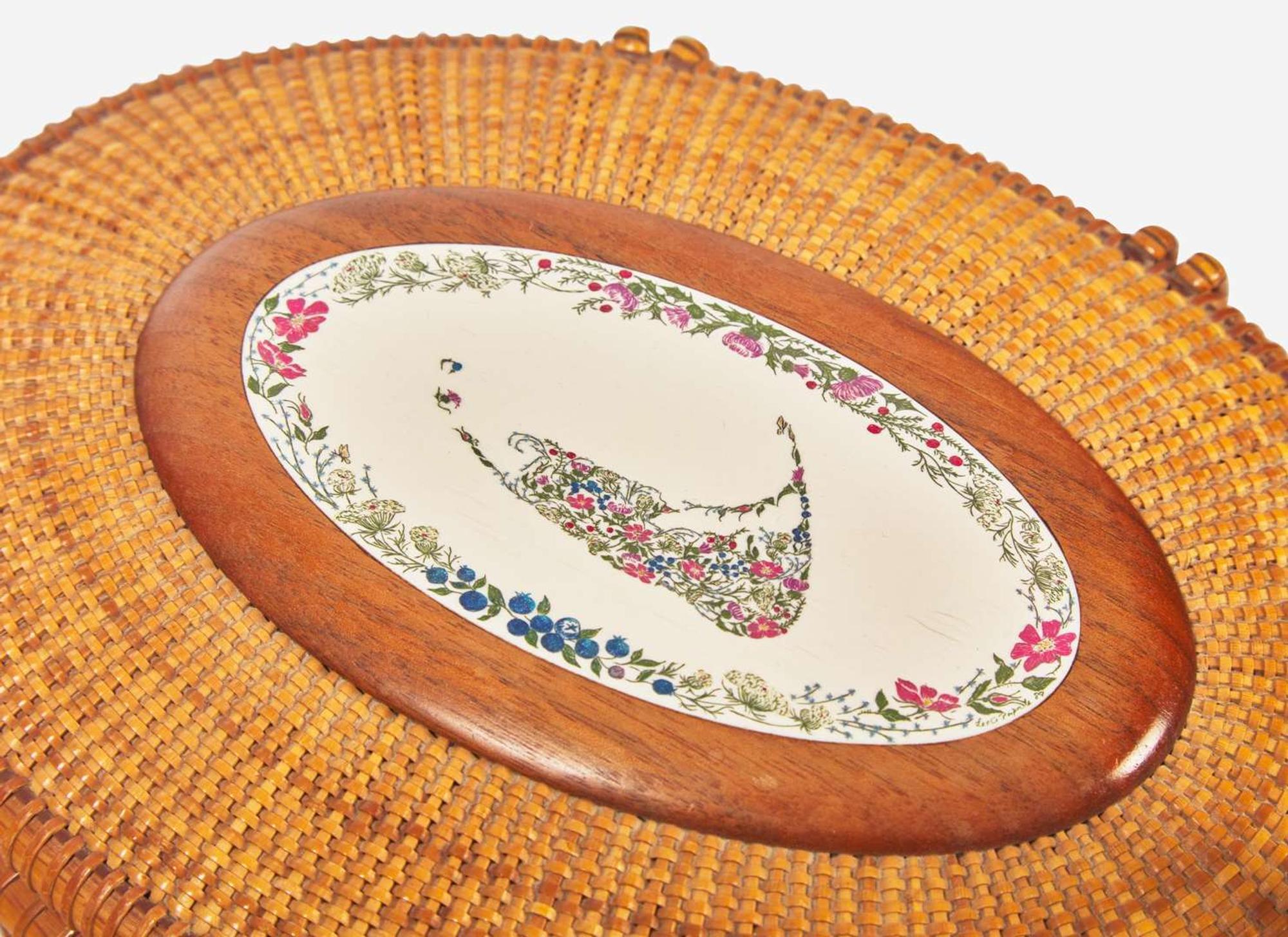A Nantucket basket, Alan S. W. Reed, with scrimshaw plaque by Lee Anne Papale, dated "1989"