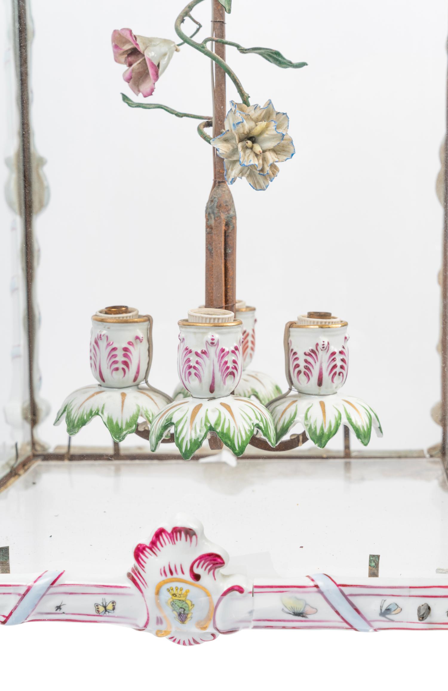 A French Gilt Metal, Porcelain and Tôle Four-Light Lantern
