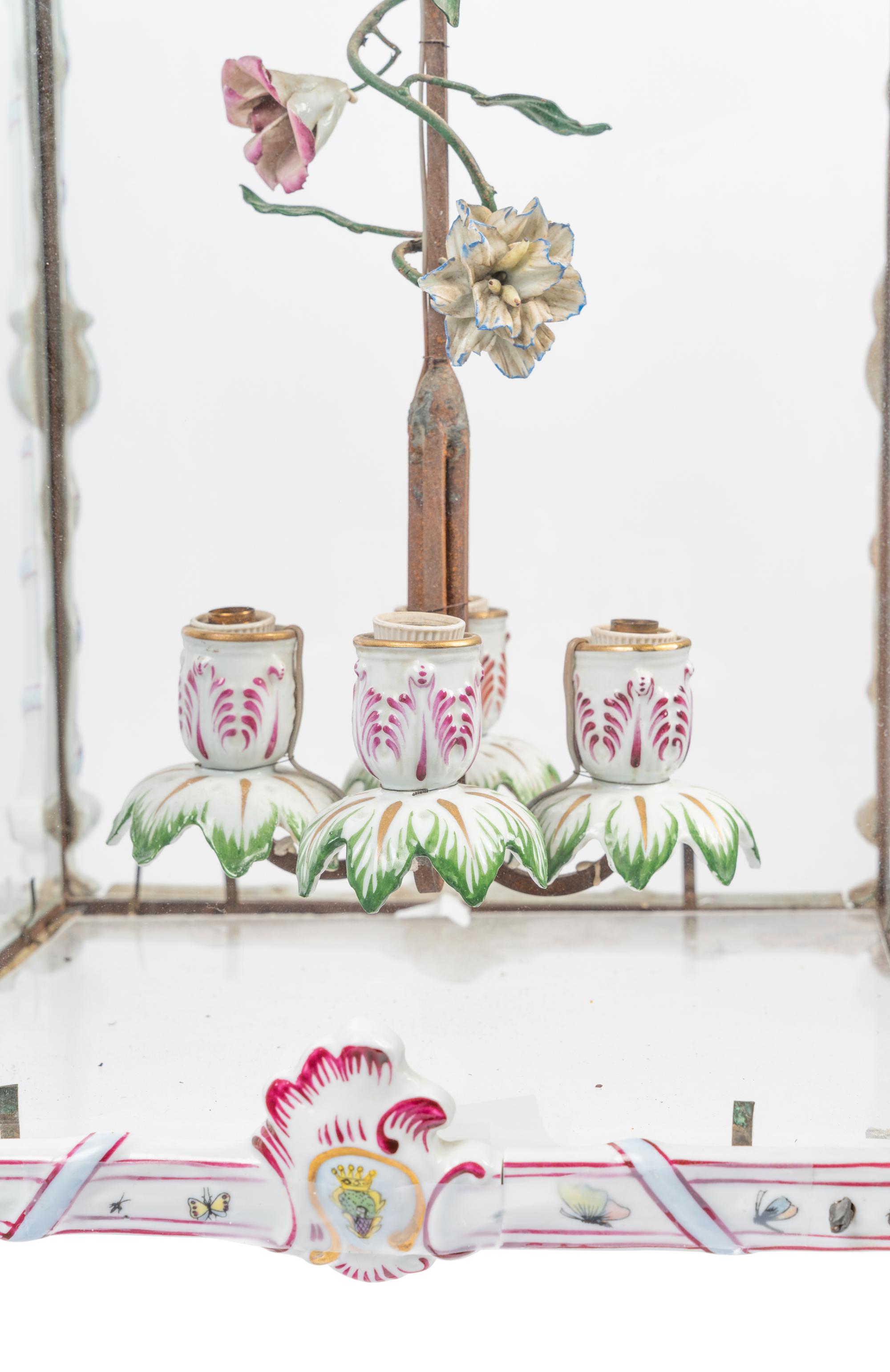 A French Gilt Metal, Porcelain and Tôle Four-Light Lantern
