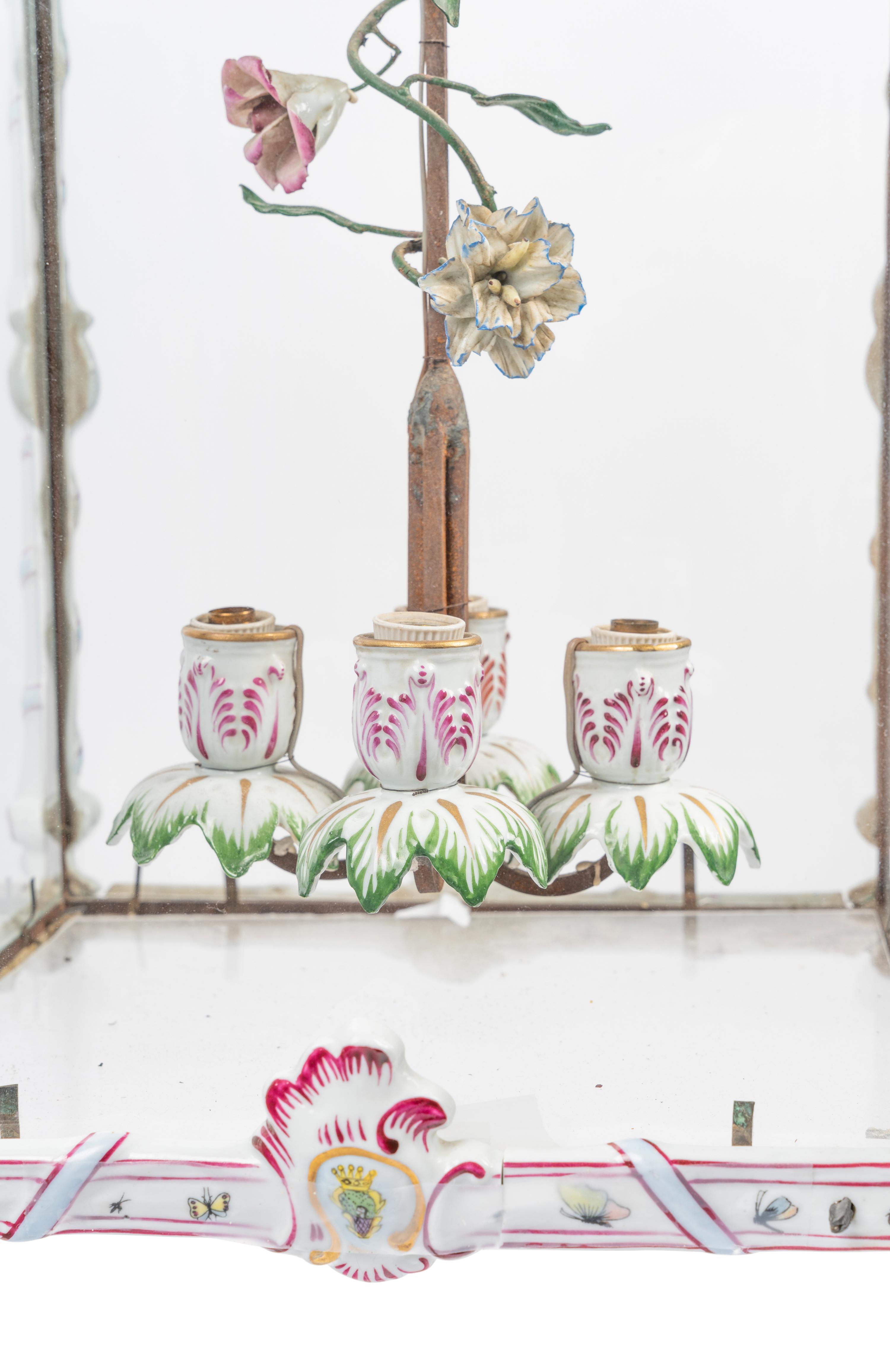 A French Gilt Metal, Porcelain and Tôle Four-Light Lantern