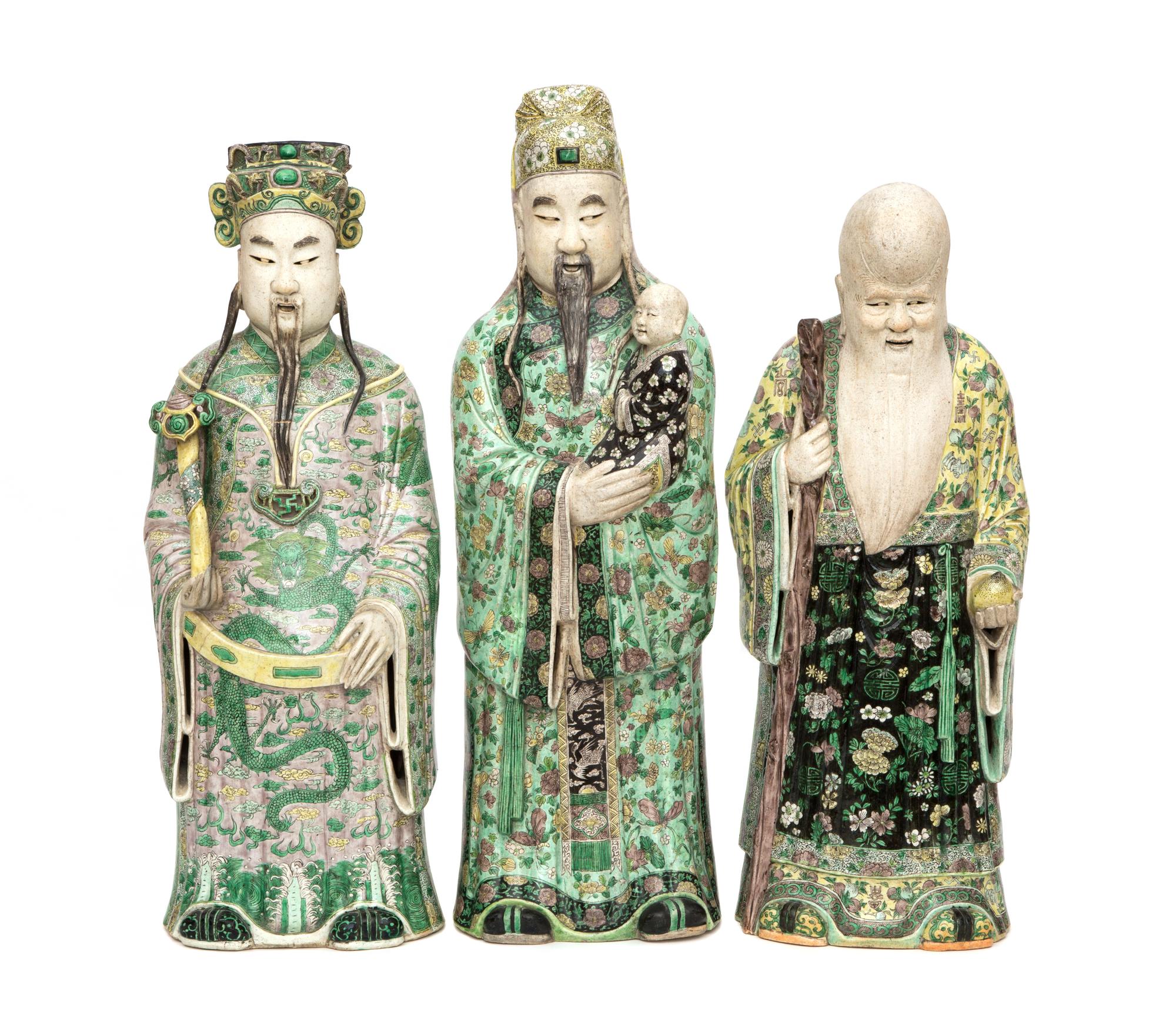 Three Chinese Export Famille Verte Partial Glazed Figures Height of tallest 26 1/4 inches. — 20TH CENTURY