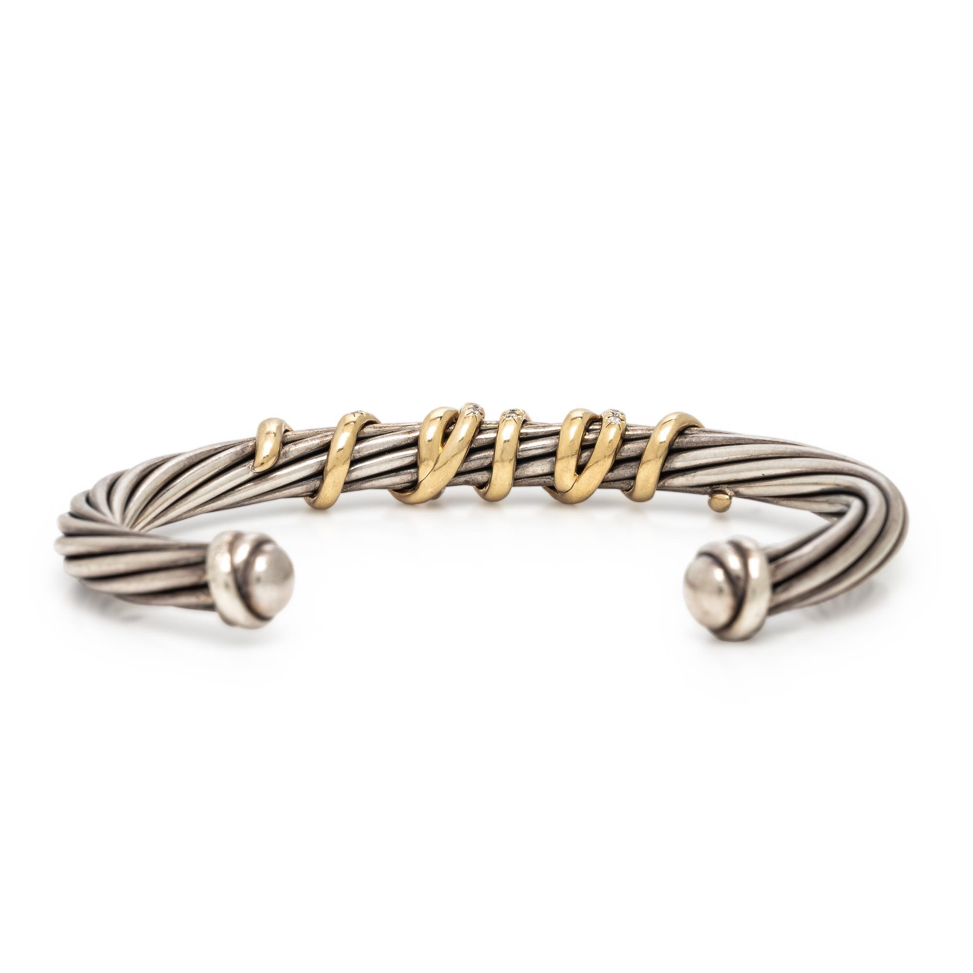 David Yurman, 'Helena,' Sterling Silver, Yellow Gold, and Diamond Cable Cuff Bracelet