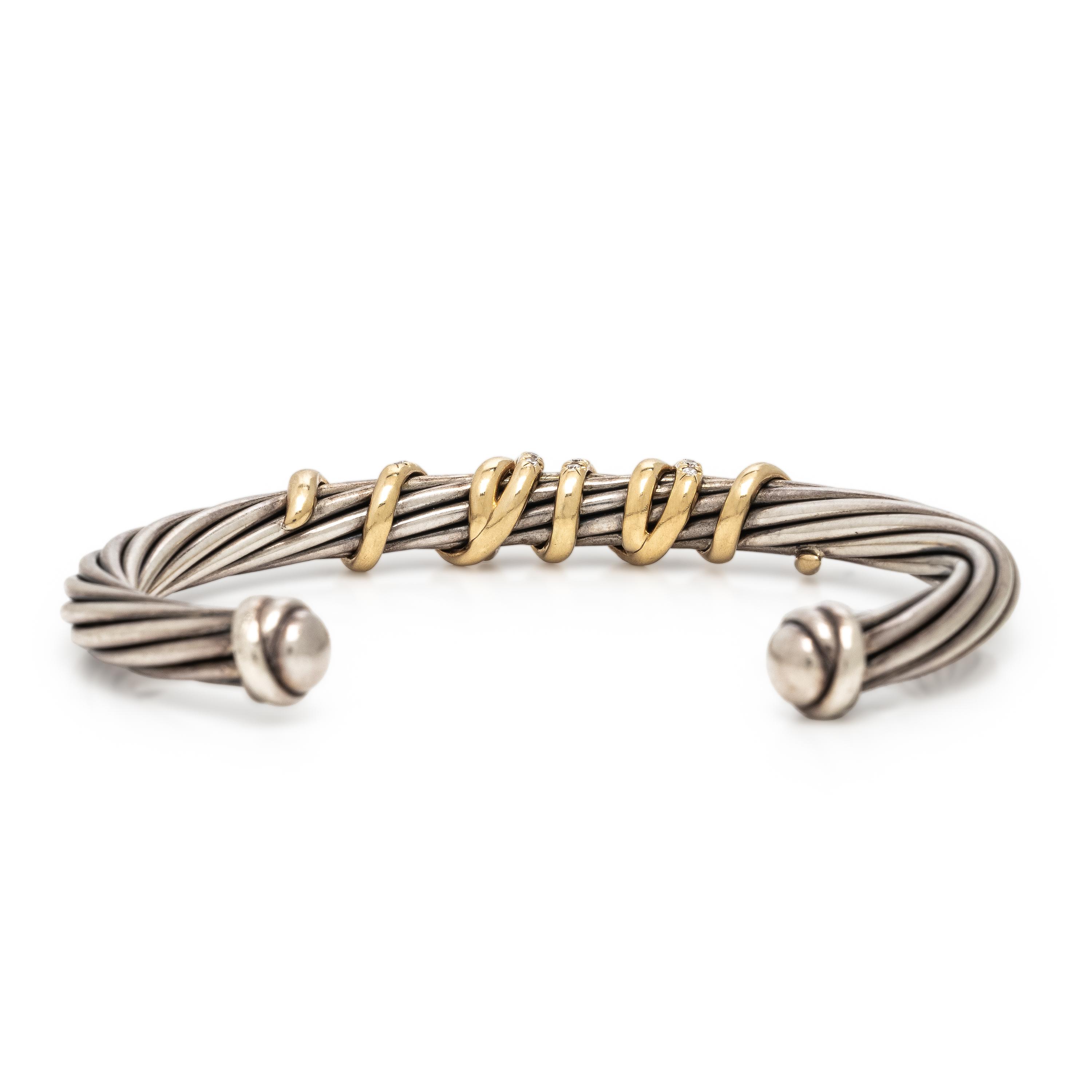 David Yurman, 'Helena,' Sterling Silver, Yellow Gold, and Diamond Cable Cuff Bracelet