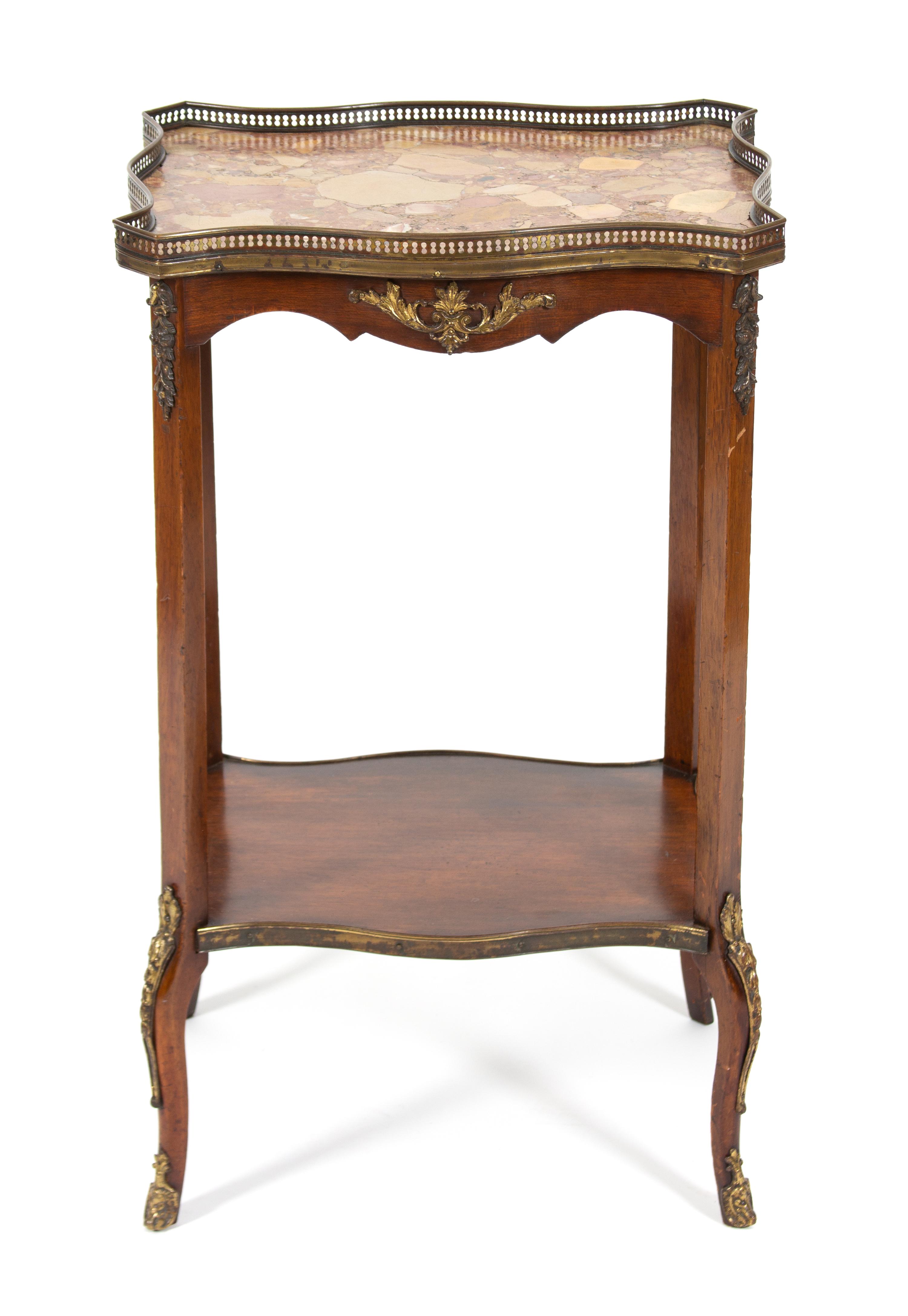 A Louis XV/XVI Transitional Marble Top Side Table Height 30 1/2 x width 18 1/2 x depth 14 inches. — 19TH CENTURY