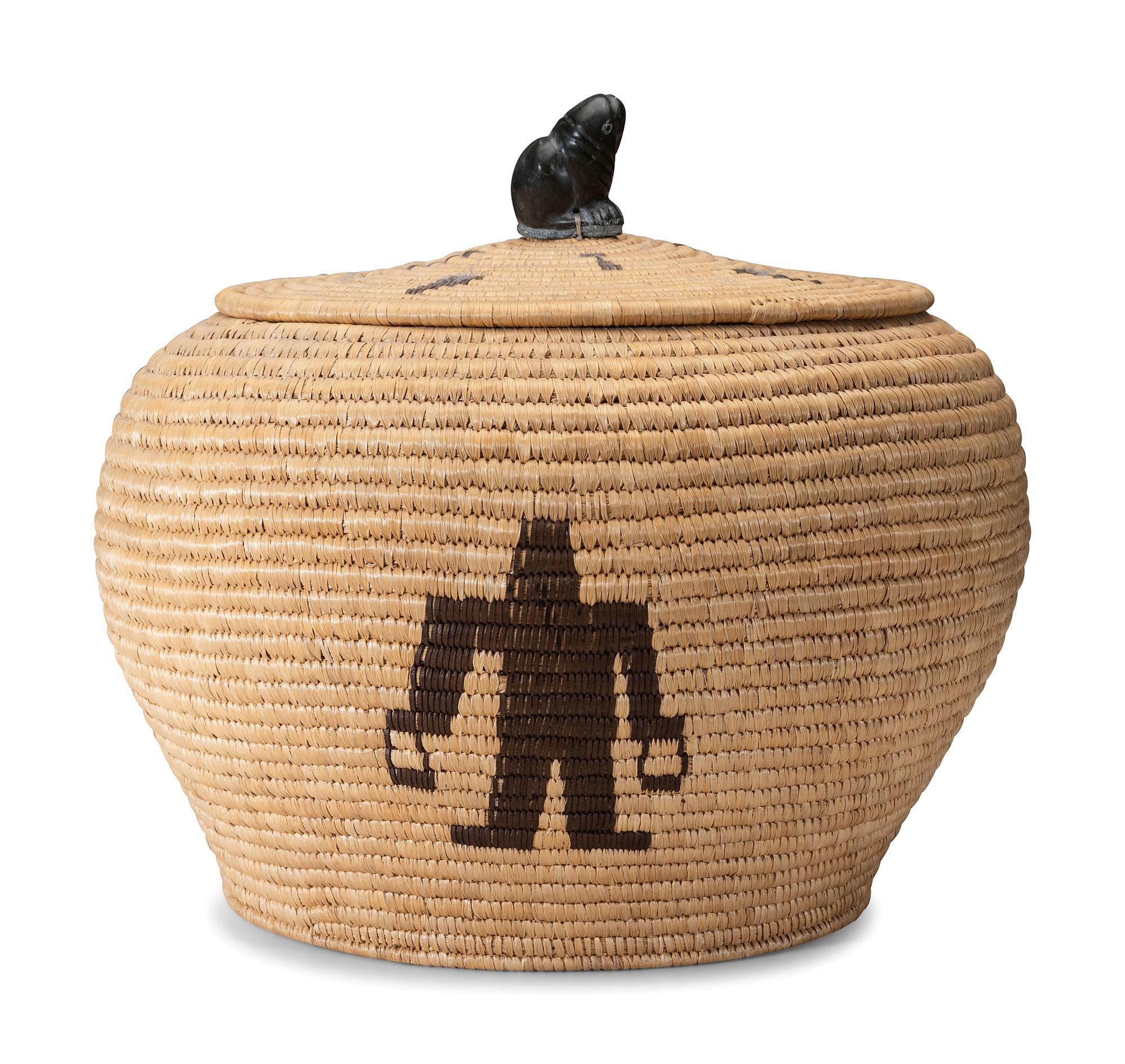 Large Lidded Storage Basket with Figures and Soapstone Finial