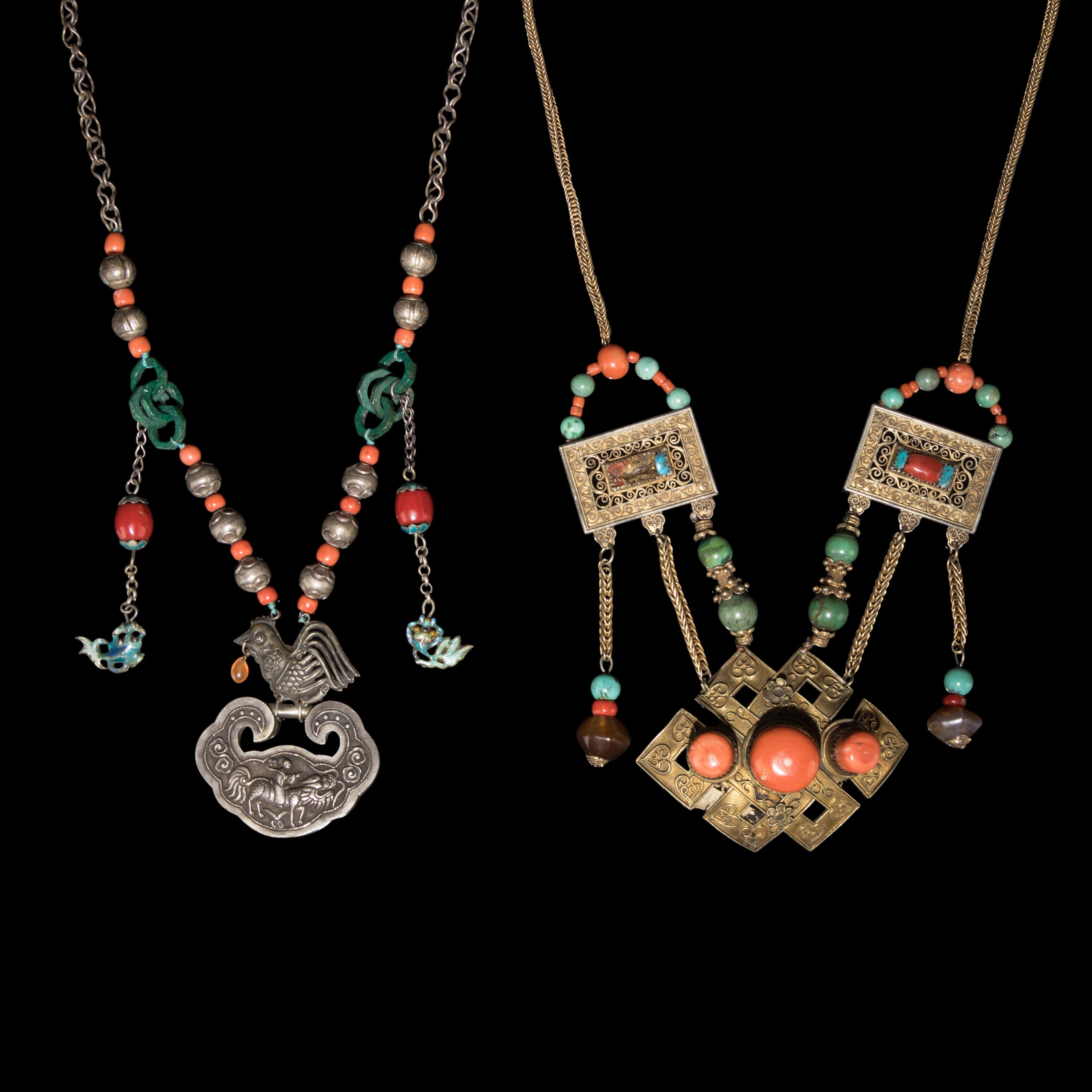 Two Chinese Silver and Coral Necklaces, 19th Century