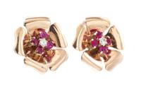 A Pair of Rose Gold, Synthetic Ruby and Diamond Earclips, 6.50 dwts.