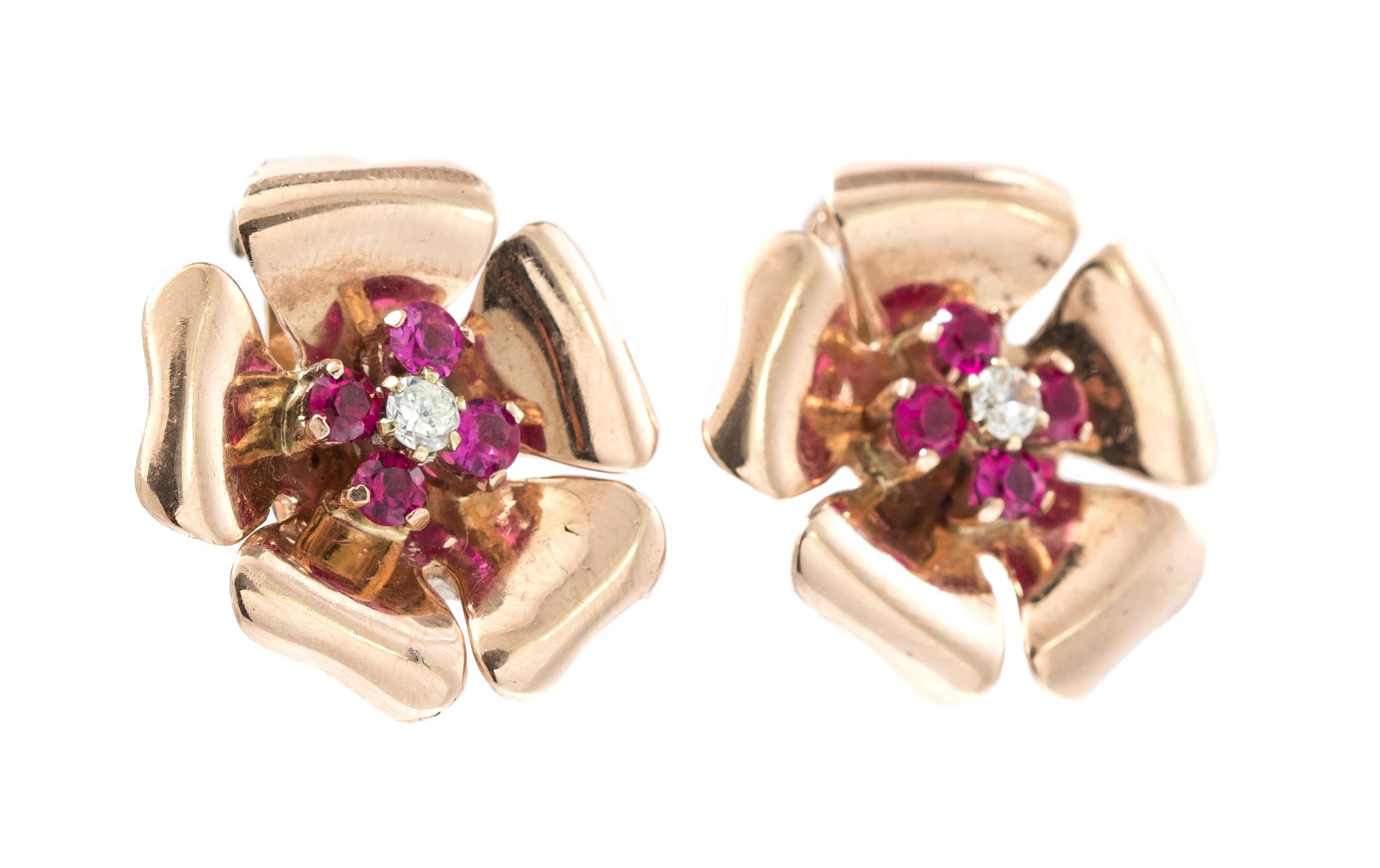 A Pair of Rose Gold, Synthetic Ruby and Diamond Earclips, 6.50 dwts.