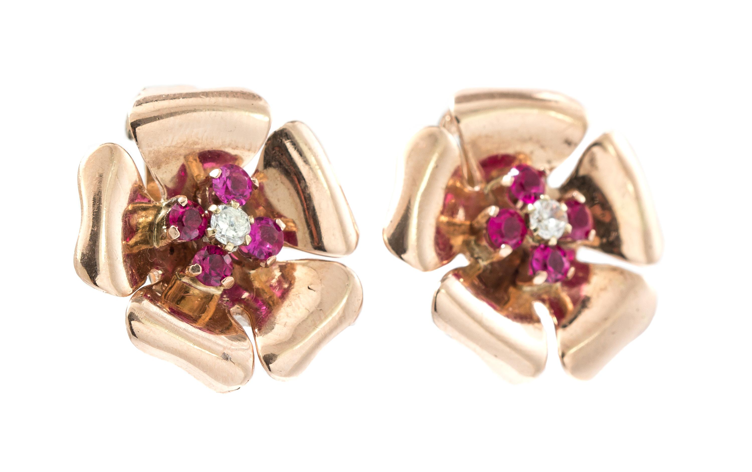A Pair of Rose Gold, Synthetic Ruby and Diamond Earclips, 6.50 dwts.