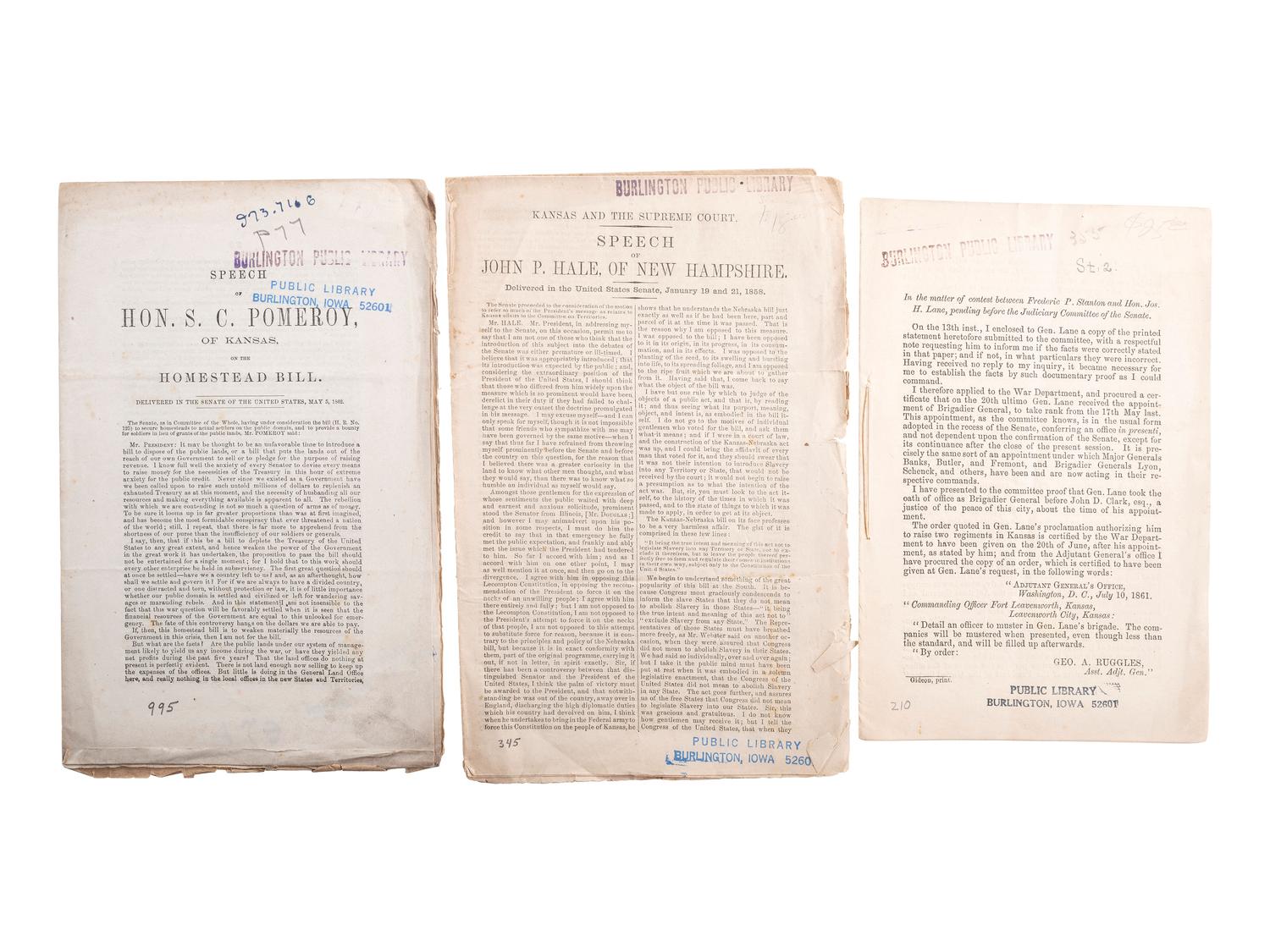 [SLAVERY & ABOLITION]. A group of 14 pamphlets related to Bleeding Kansas including slavery, the Lecompton Constitution, and the Stanton-Lane contest, comprising: