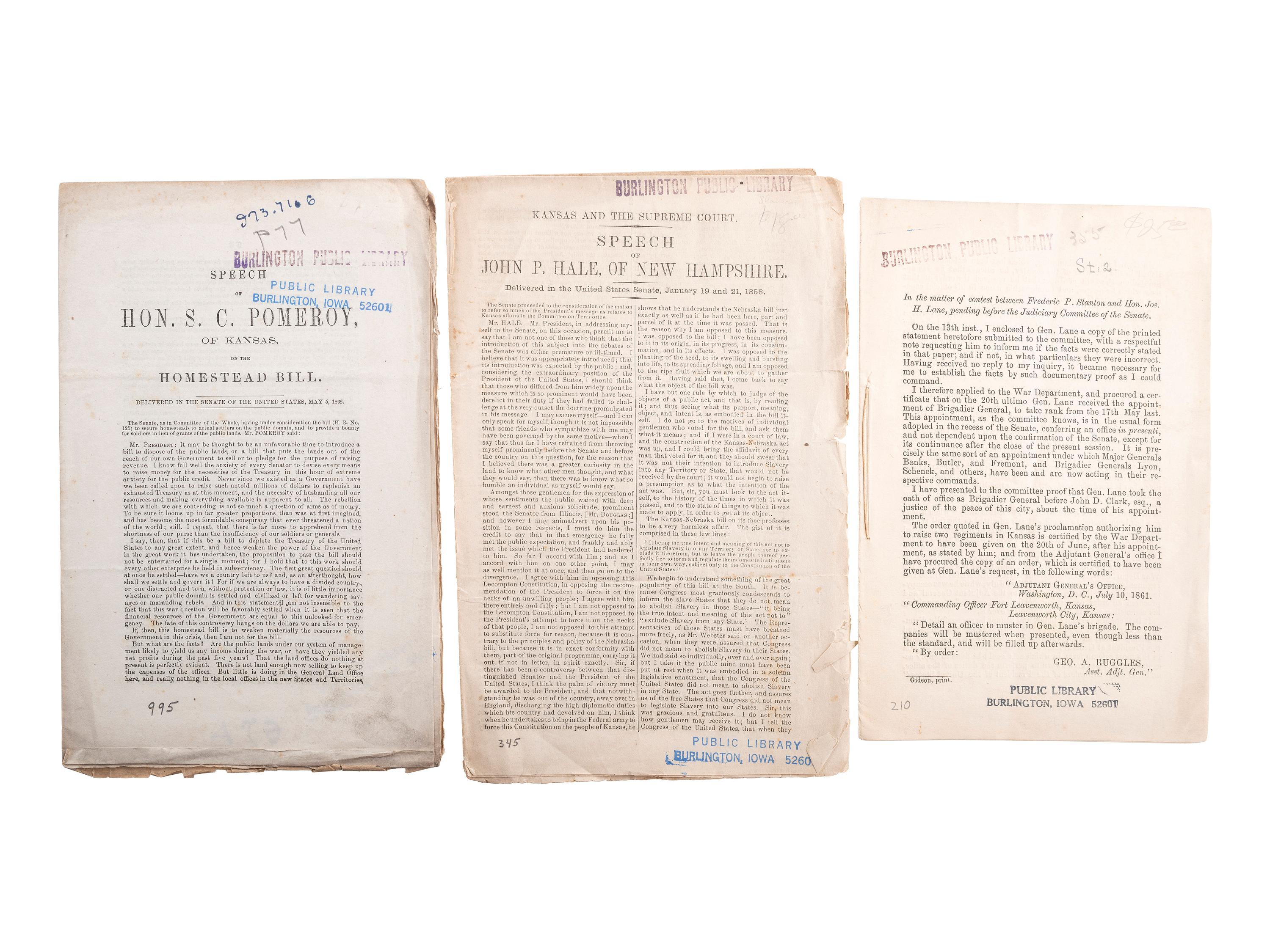 [SLAVERY & ABOLITION]. A group of 14 pamphlets related to Bleeding Kansas including slavery, the Lecompton Constitution, and the Stanton-Lane contest, comprising: