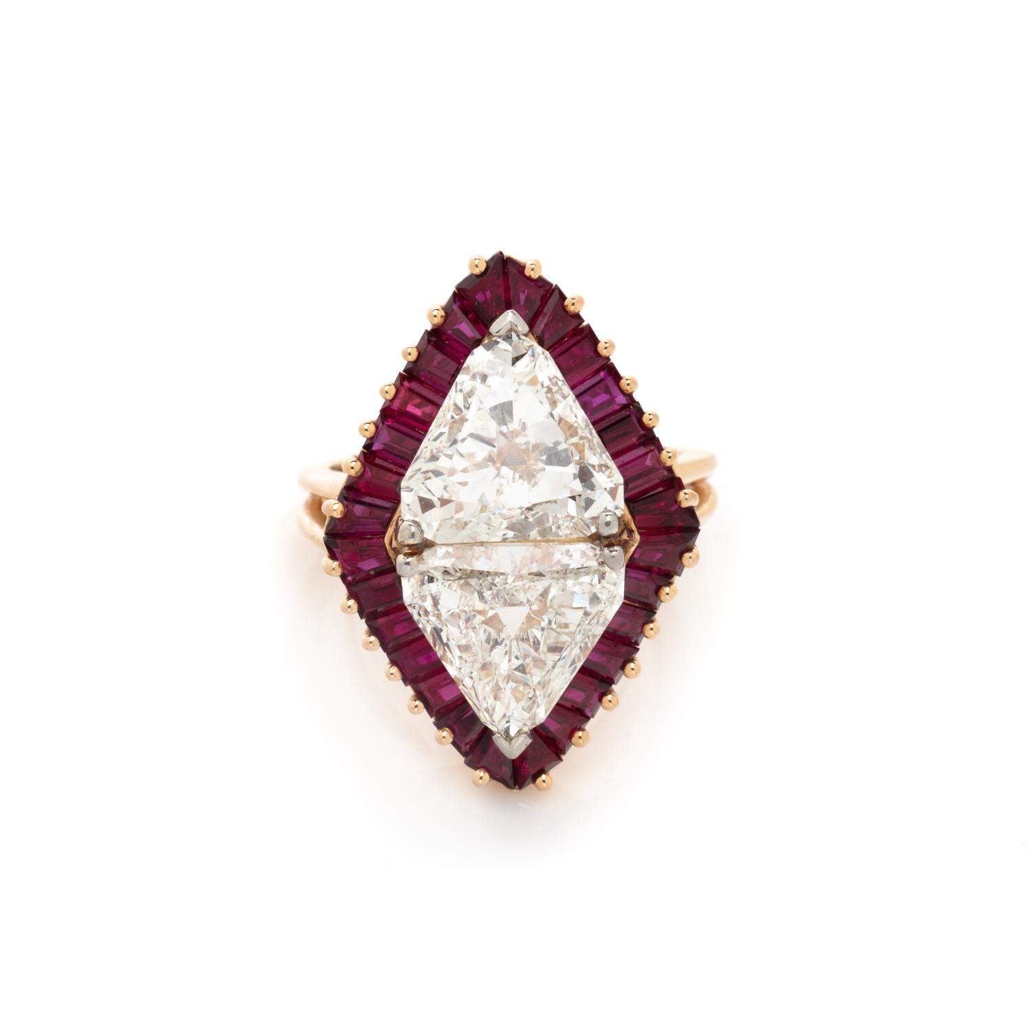 OSCAR HEYMAN, YELLOW GOLD, DIAMOND, AND RUBY RING
