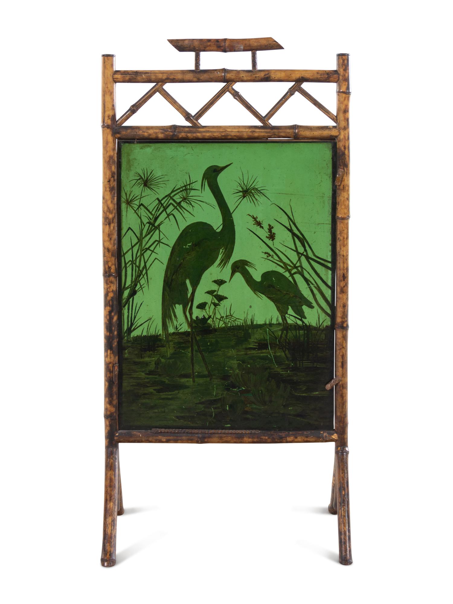 A Victorian Bamboo and Painted Glass Fire Screen