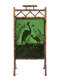 A Victorian Bamboo and Painted Glass Fire Screen