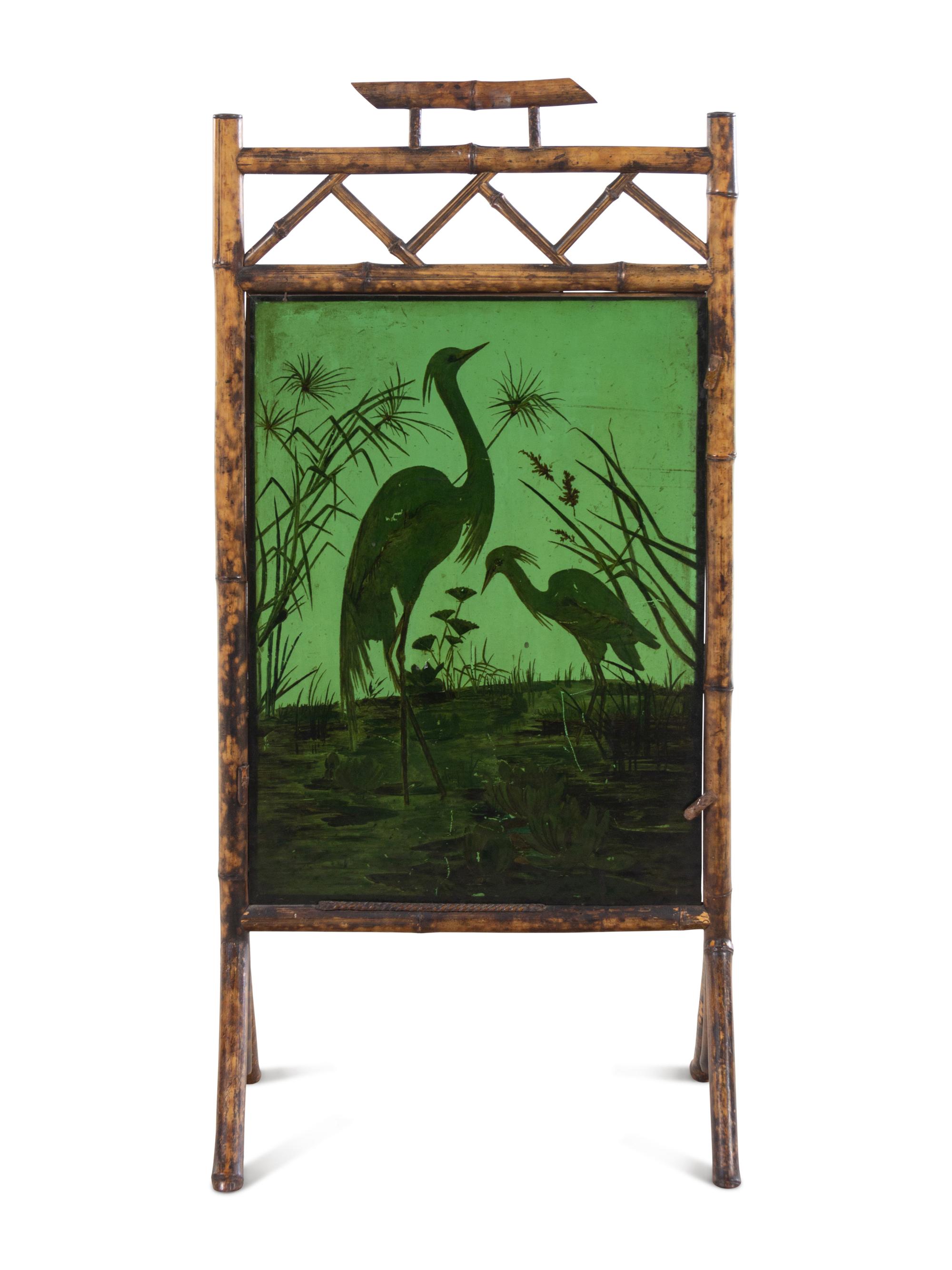 A Victorian Bamboo and Painted Glass Fire Screen
