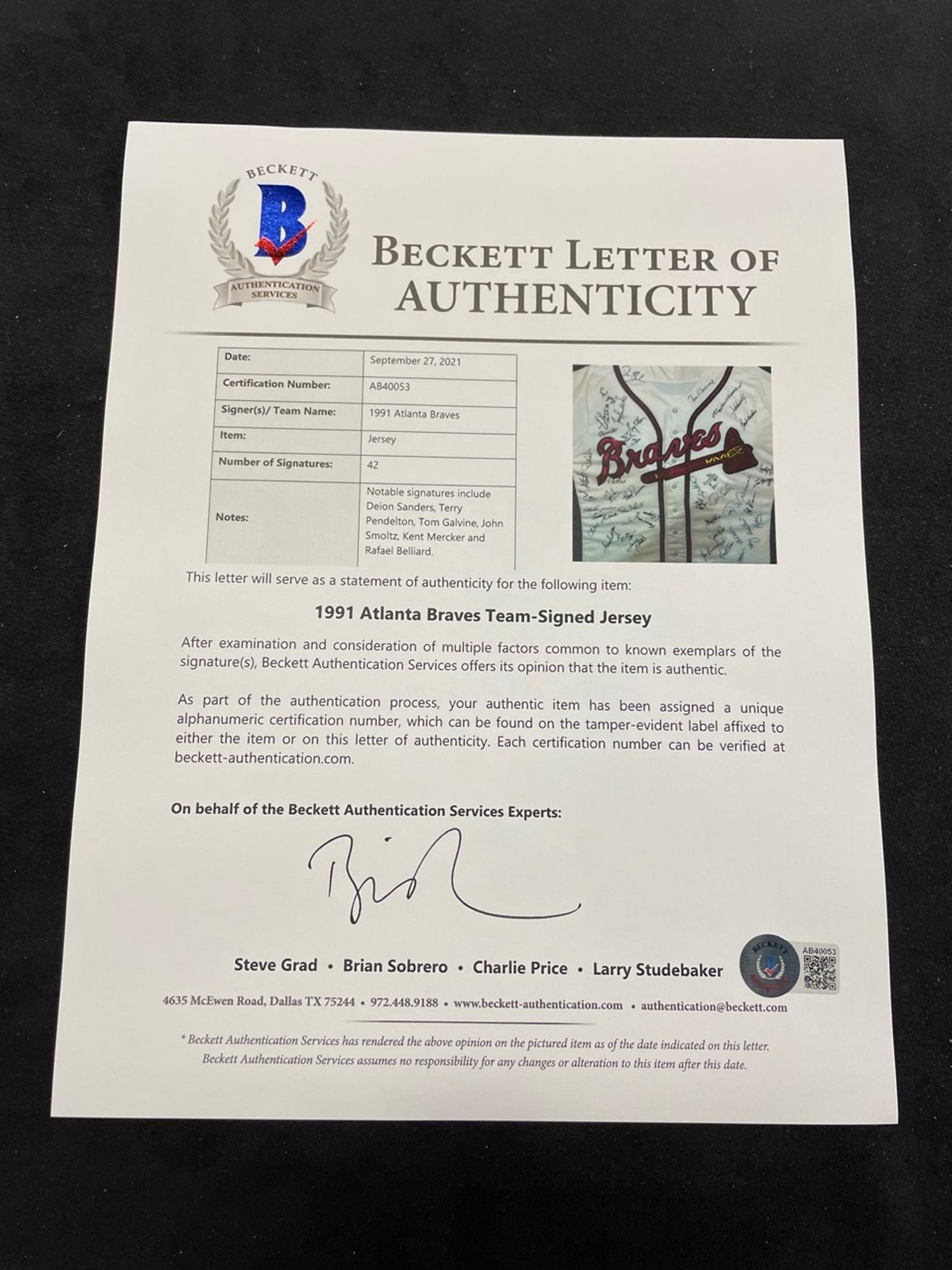 A 1991 Atlanta Braves Team Signed Autograph Pete Smith Game Issued Baseball Jersey (BAS Beckett Authentication Services Certified),