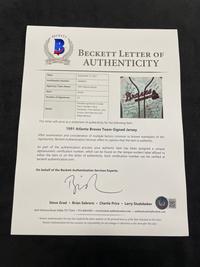 A 1991 Atlanta Braves Team Signed Autograph Pete Smith Game Issued Baseball Jersey (BAS Beckett Authentication Services Certified),