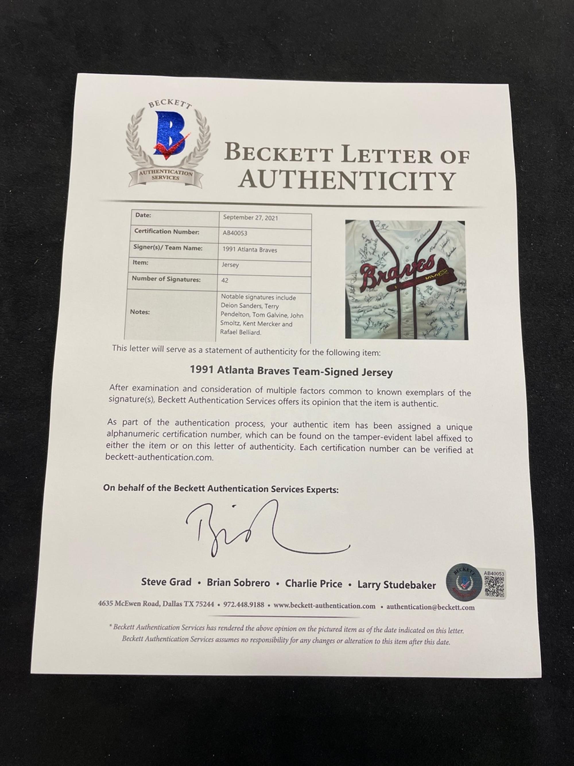 A 1991 Atlanta Braves Team Signed Autograph Pete Smith Game Issued Baseball Jersey (BAS Beckett Authentication Services Certified),