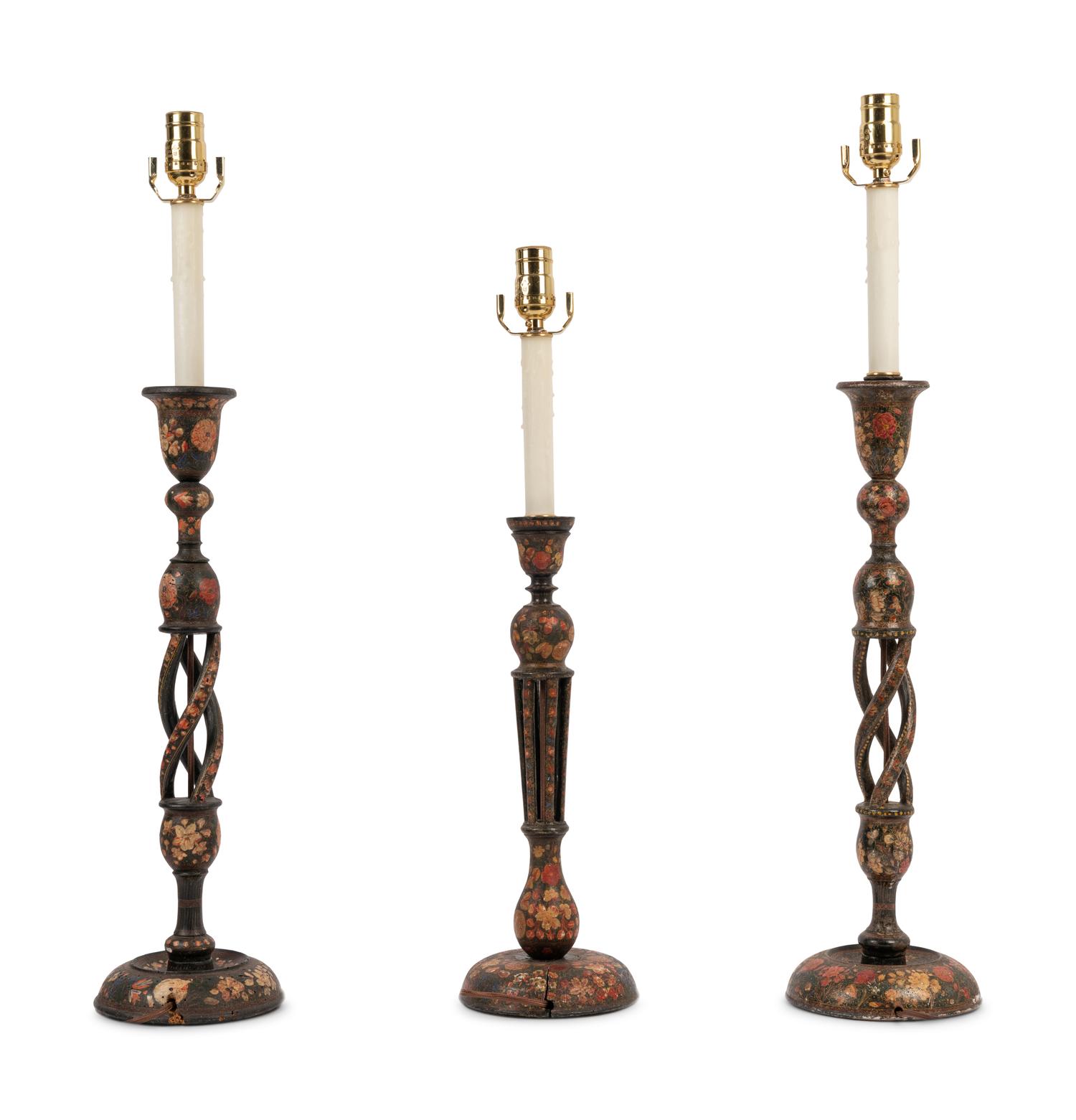 Three Kashmiri Candlesticks Mounted as Lamps