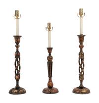 Three Kashmiri Candlesticks Mounted as Lamps