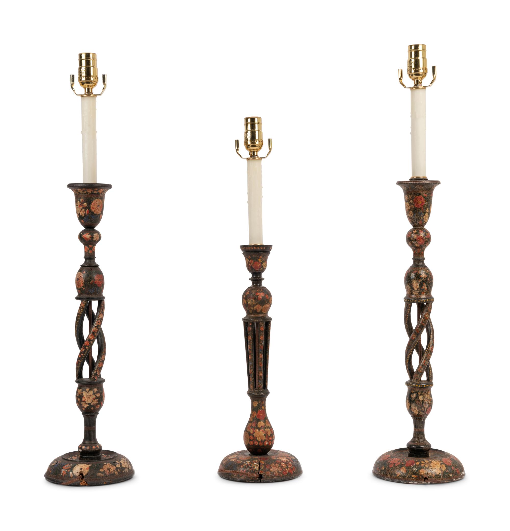 Three Kashmiri Candlesticks Mounted as Lamps