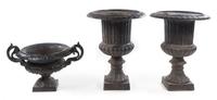 Three Victorian Style Cast Iron Urns Height of tallest 39 inches. — 19TH/20TH CENTURY