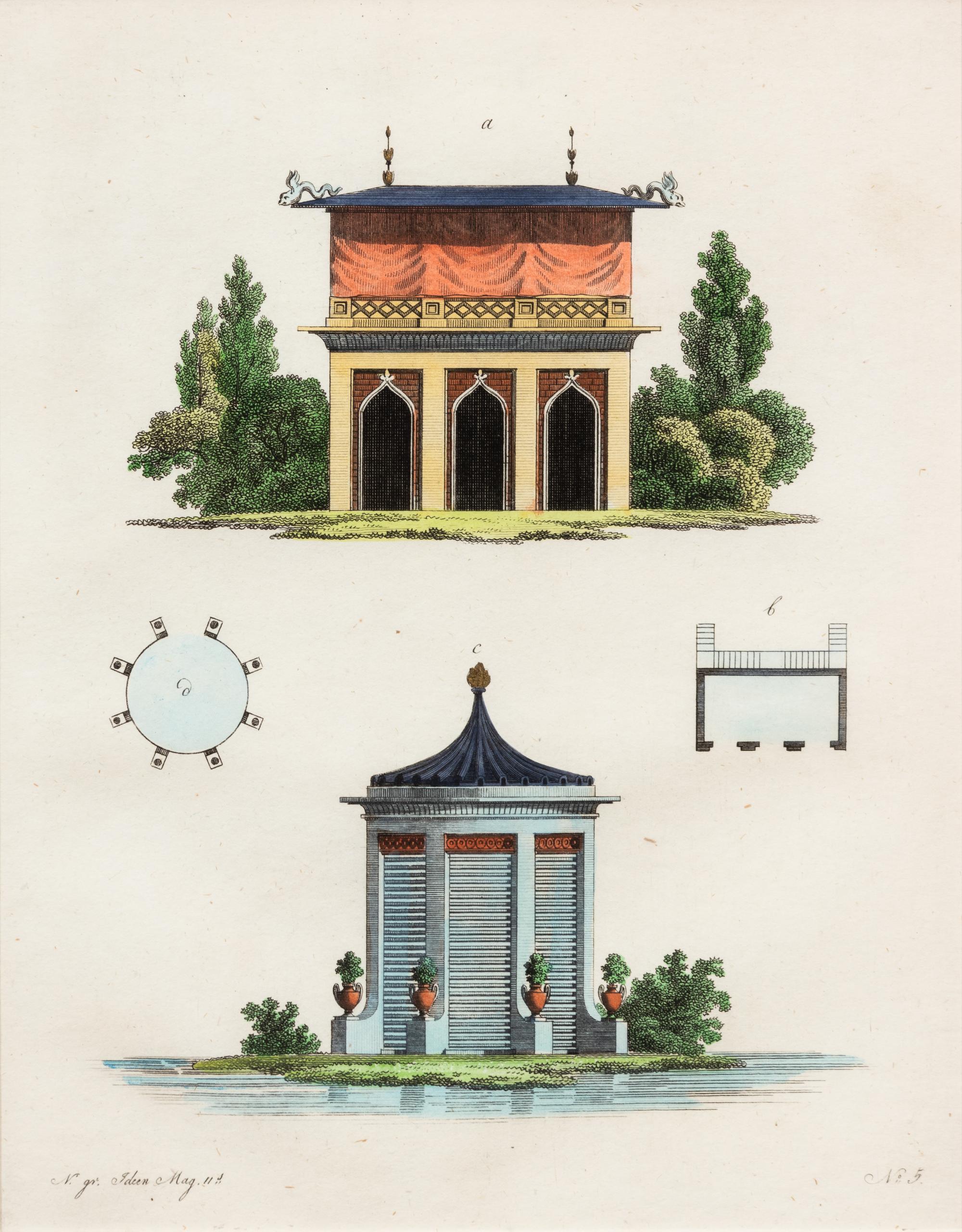 A Collection of Gilt Framed Hand Colored Engravings of Follies Framed size 12 3/8 x 15 3/8 inches. — 19TH CENTURY