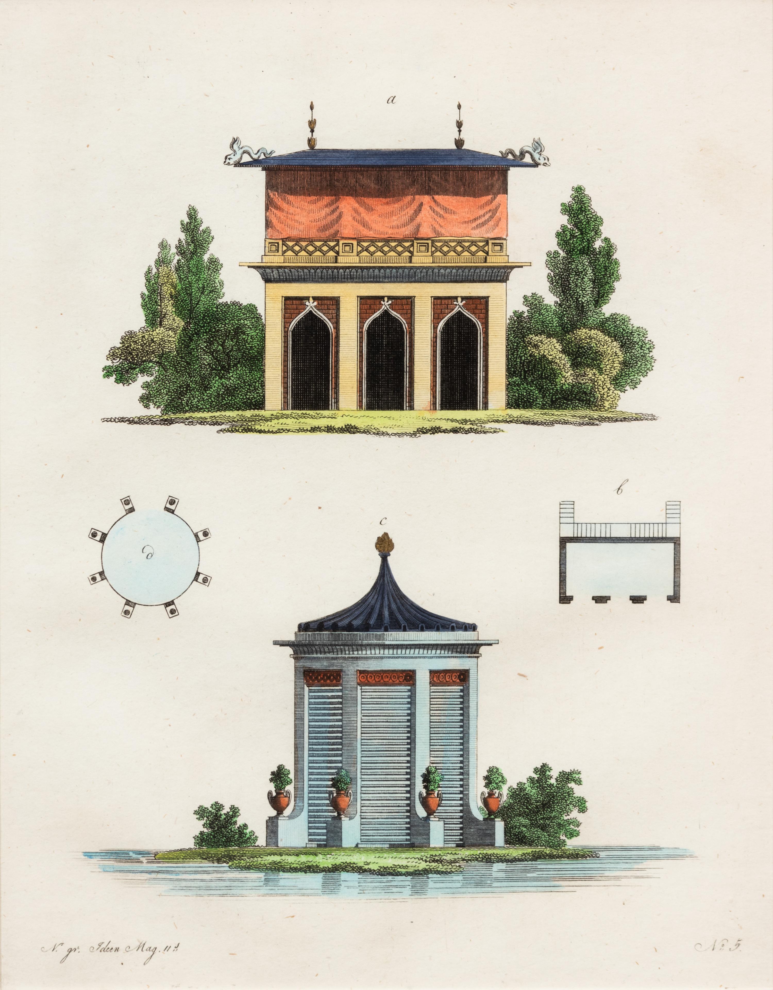 A Collection of Gilt Framed Hand Colored Engravings of Follies Framed size 12 3/8 x 15 3/8 inches. — 19TH CENTURY