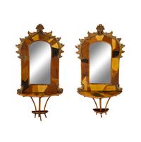 Pair of French Rocaille Specimen Inlaid and Faux Bamboo Hall Mirrors — 20TH CENTURY