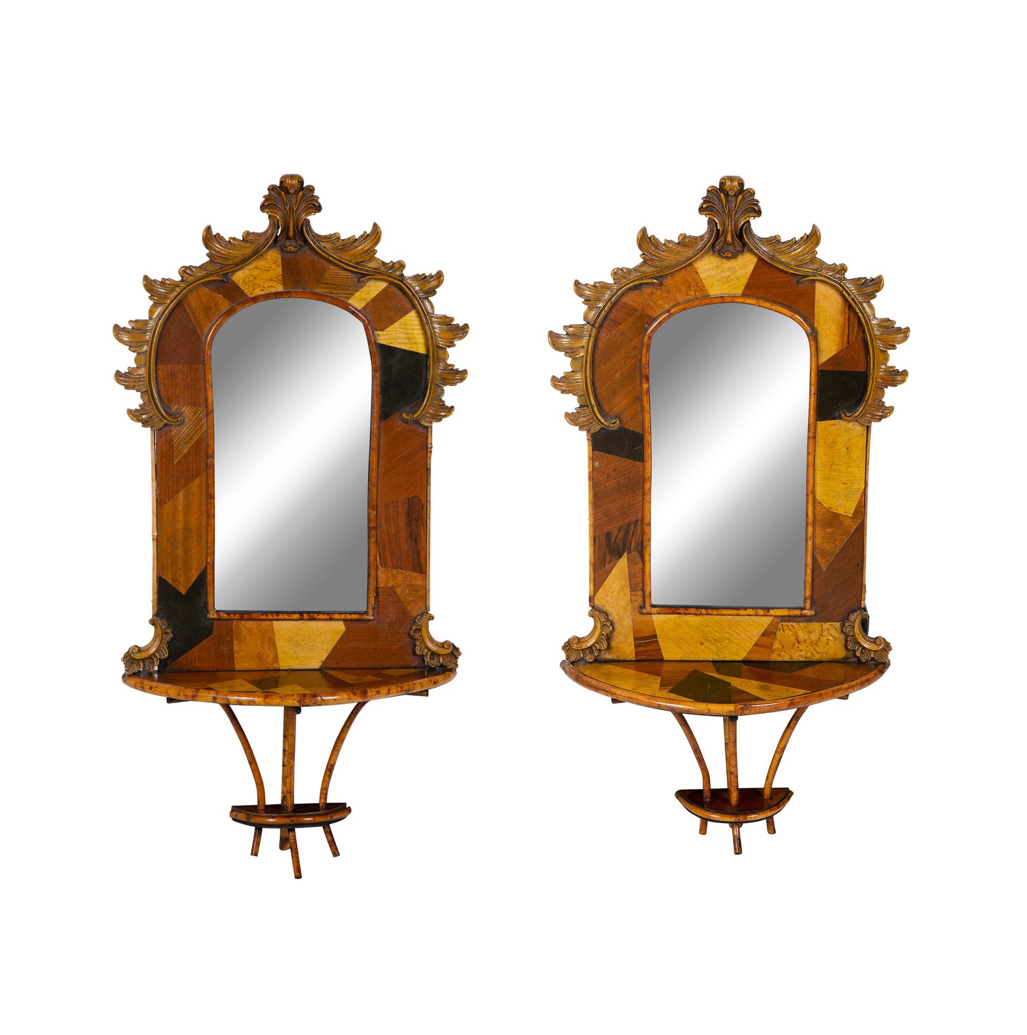 Pair of French Rocaille Specimen Inlaid and Faux Bamboo Hall Mirrors — 20TH CENTURY