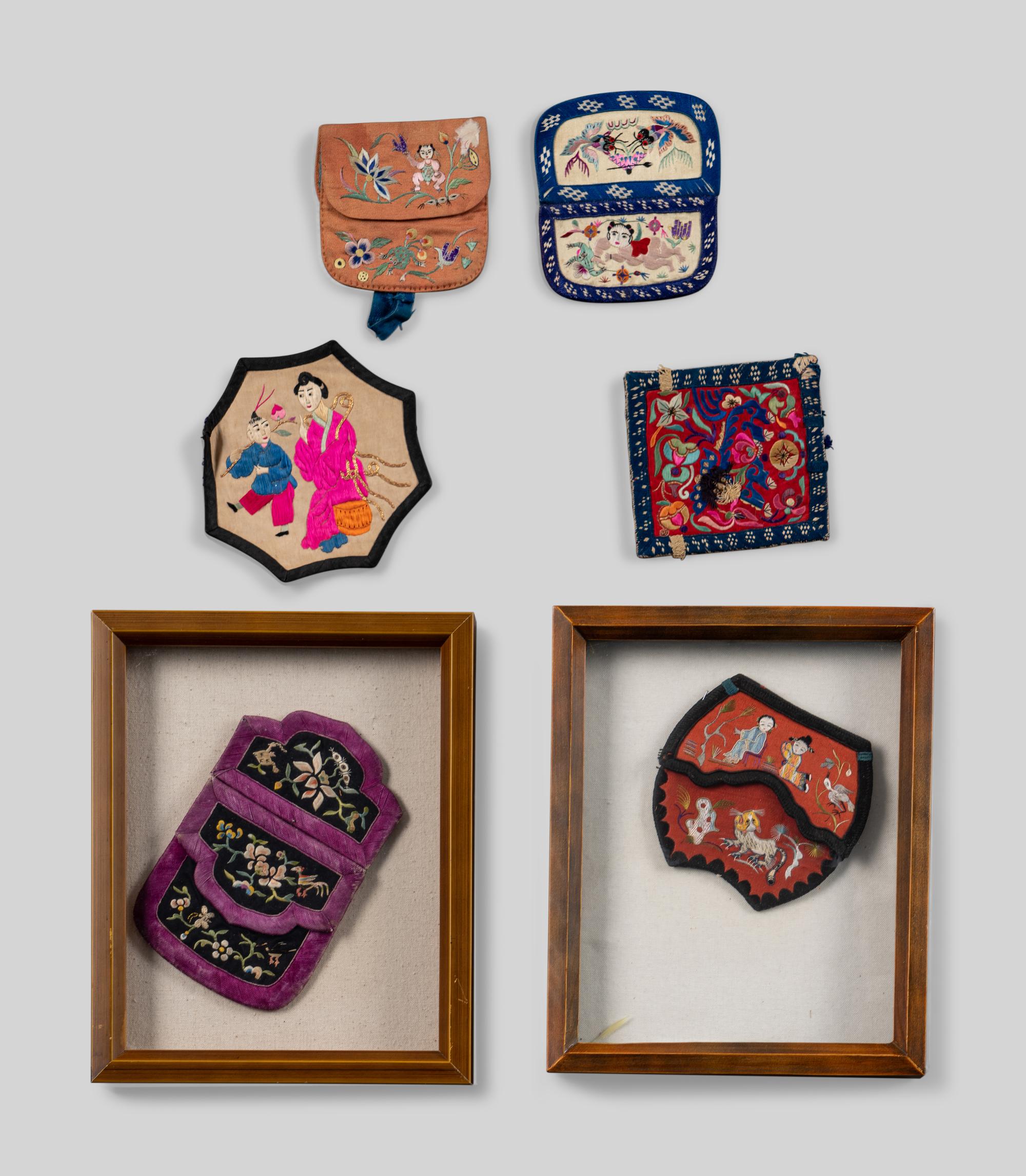 Six Chinese Embroidered Silk Purses