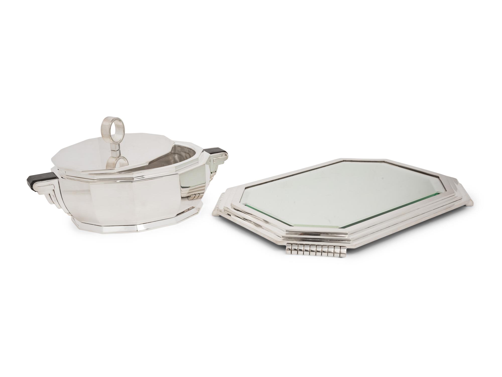 A French Art Deco Silver-Plate Tureen and Mirrored Plateau