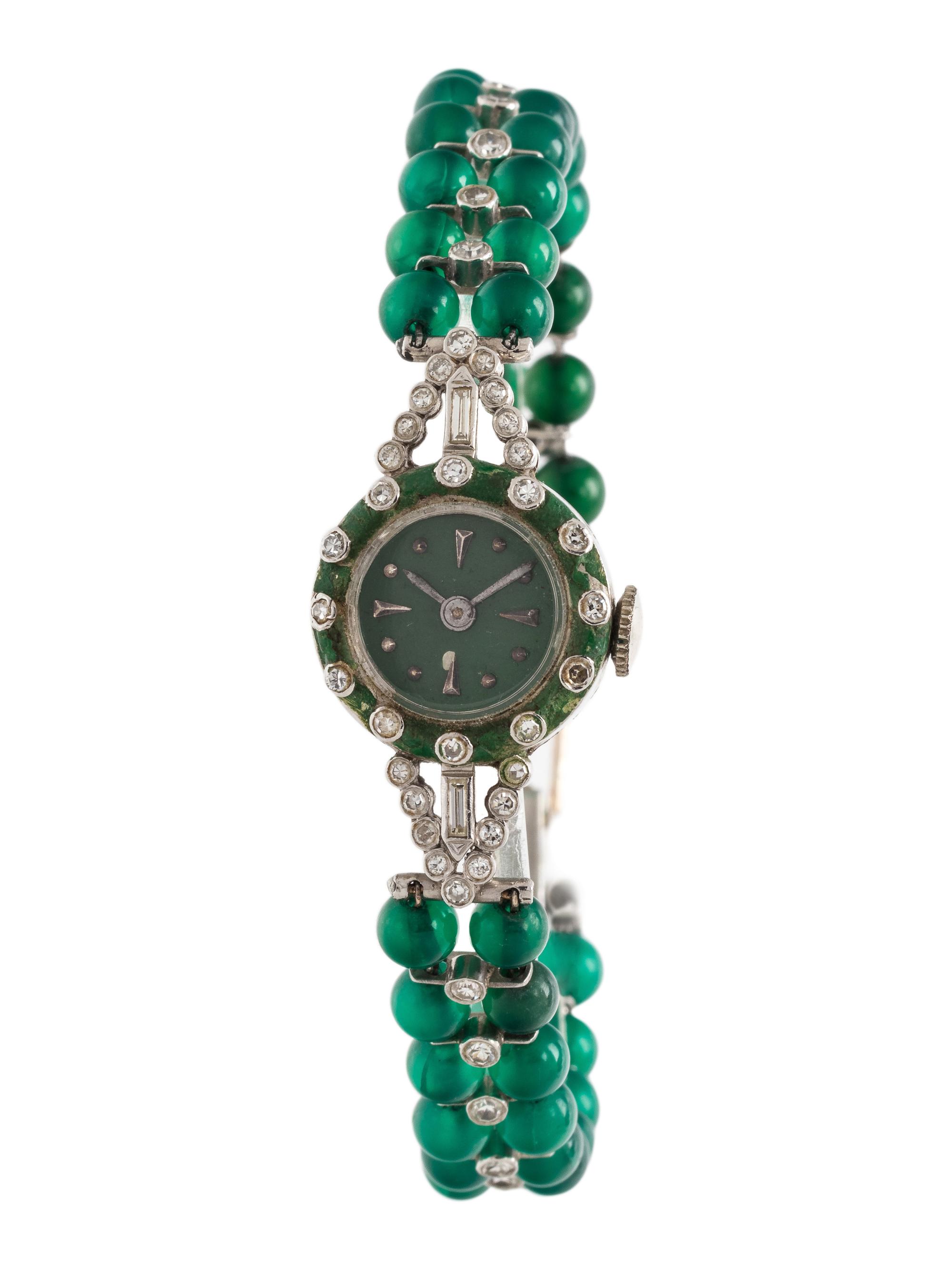 ART DECO, PLATINUM, DIAMOND AND GREEN BEAD WRISTWATCH