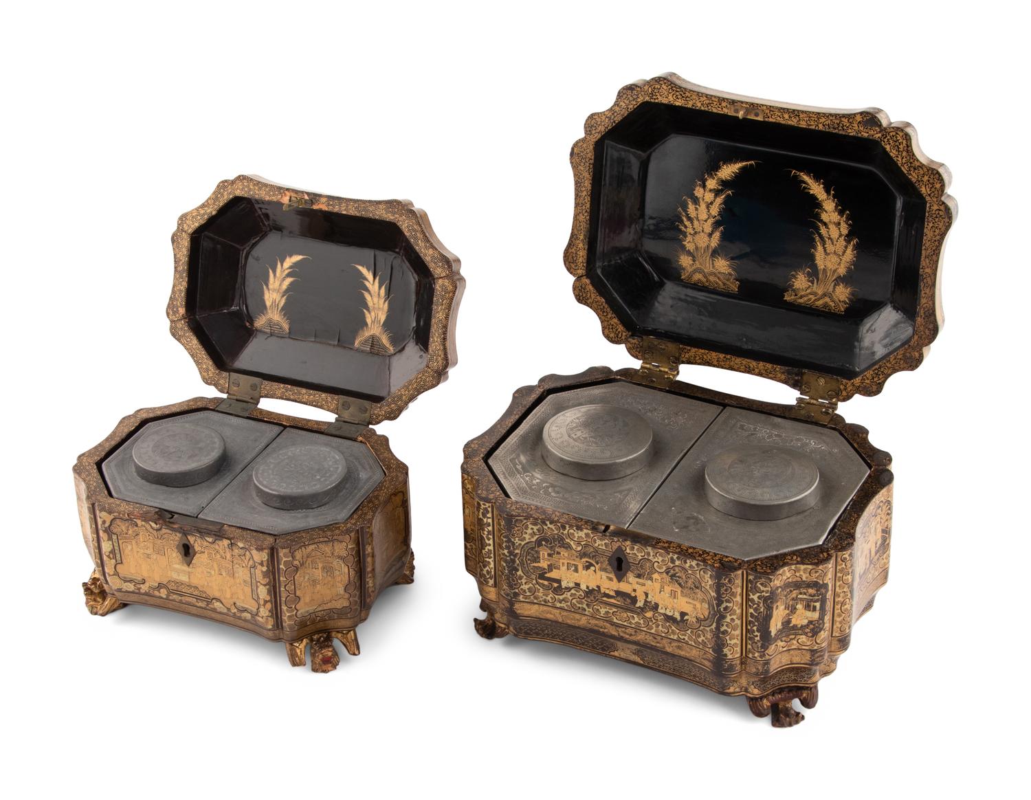 Two Chinese Export Lacquered Tea Caddies