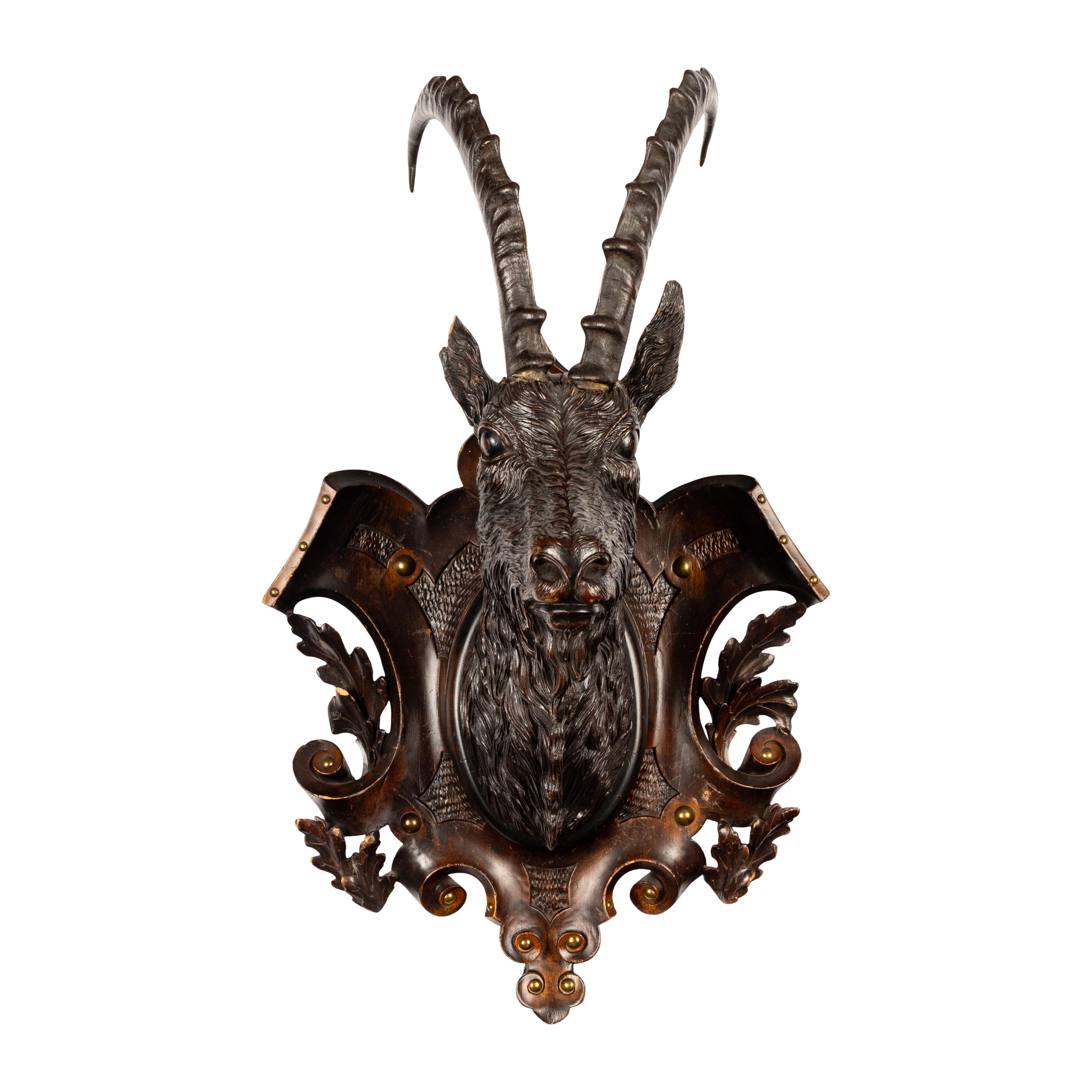 A Swiss "Black Forest" Carved Ibex Mount