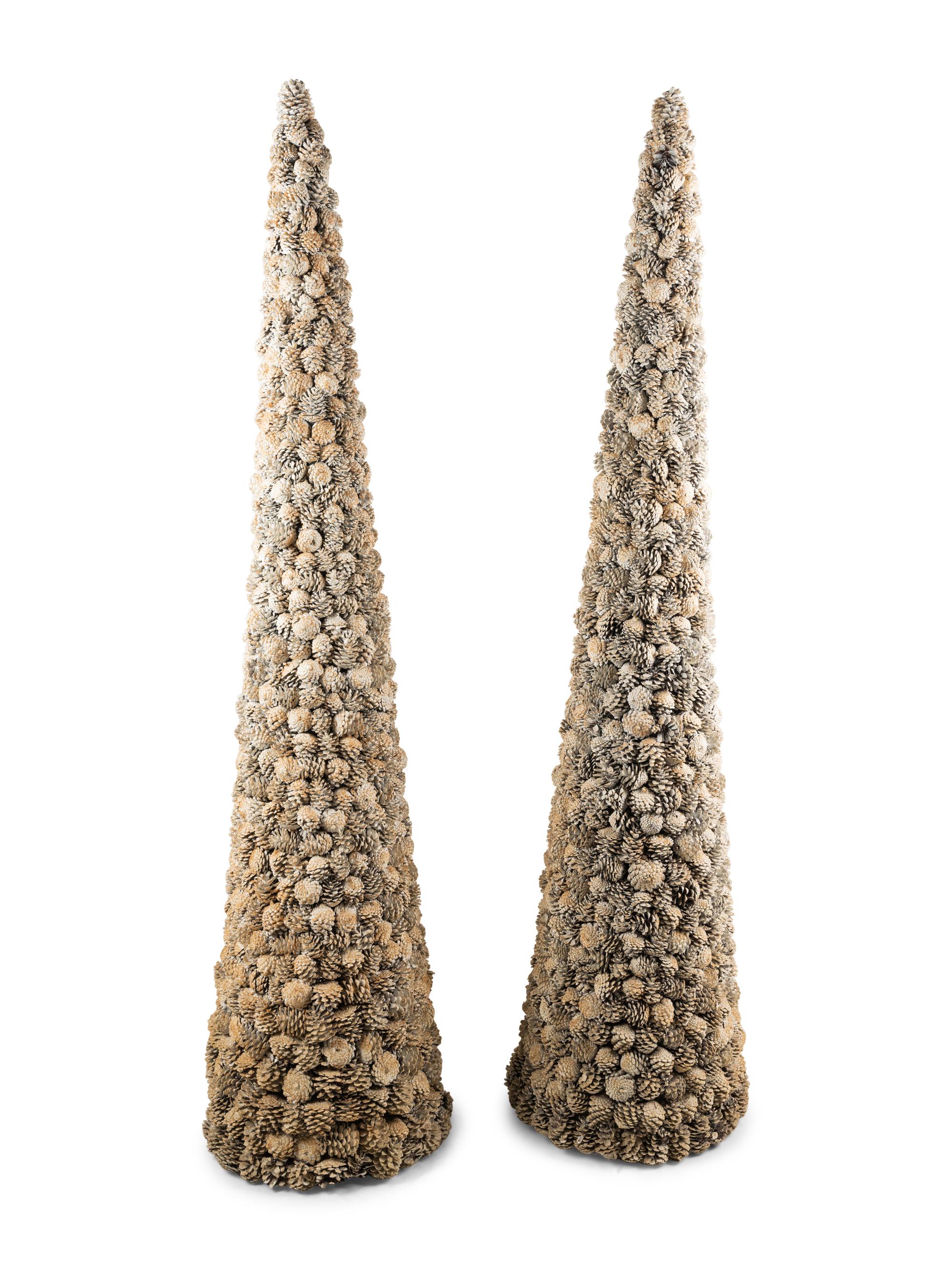 A Pair of Painted Pinecone Obelisk Ornaments