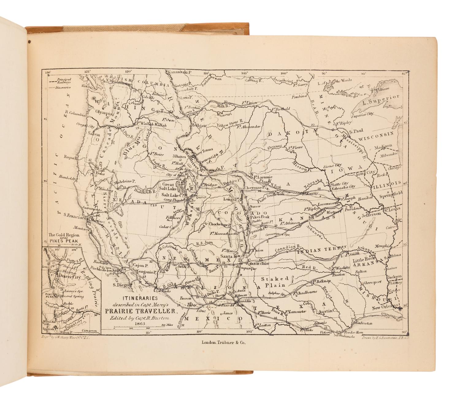 [BURTON, Richard Francis, Sir (1821-1890), editor]. MARCY, Randolph B. (1812-1887). The Prairie Traveler, a Hand-Book for Overland Expeditions. With Illustrations, and Itineraries of the Principal Routes Between the Mississippi and the Pacific, and a Map . London: Trübner and Co., 1863.