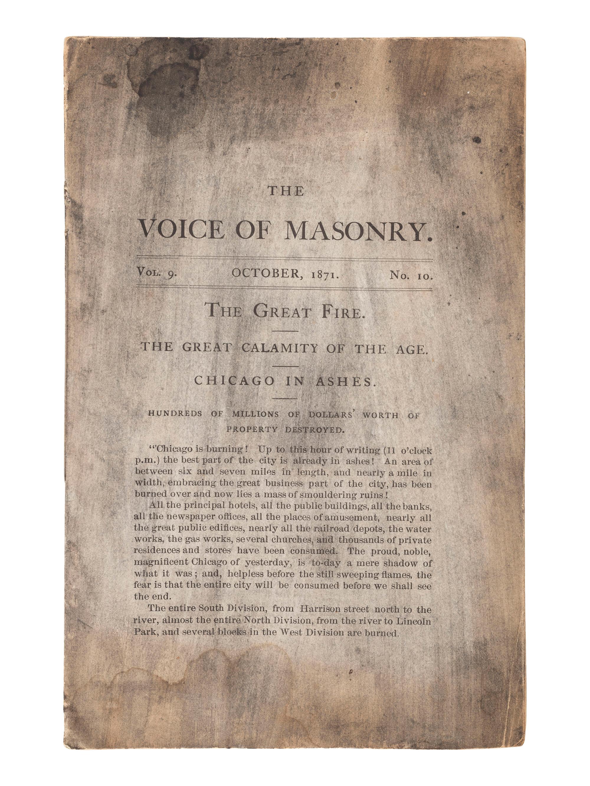 [CHICAGO FIRE]. BAILEY, John C.W. The Voice of Masonry. Vol. 9, No. 10. [Chicago]: [John C.W. Bailey], October 1871.
